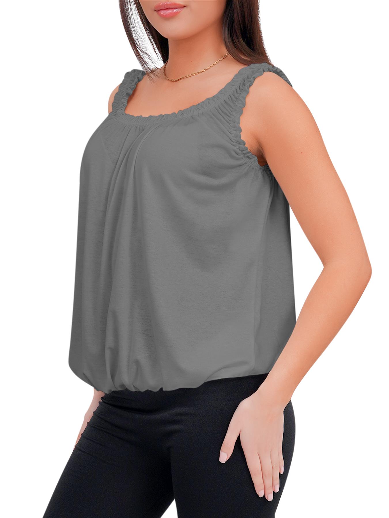 Women Round Scoop Neckline Gathered Vest Top Ladies Elastic Bubble Hem Summer - Picture 36 of 138