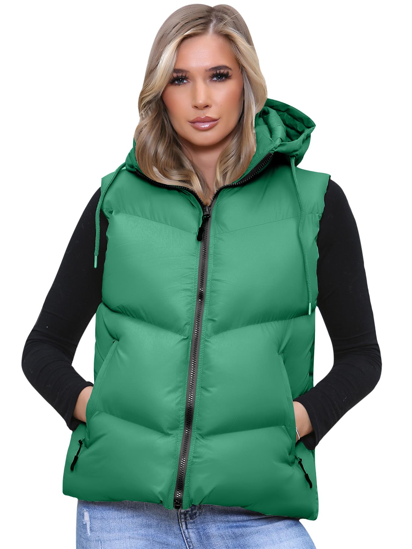 Women Italian Short Gillet Sleeveless Puffer Hooded Lightweight Zip Up Jacket - Picture 8 of 10
