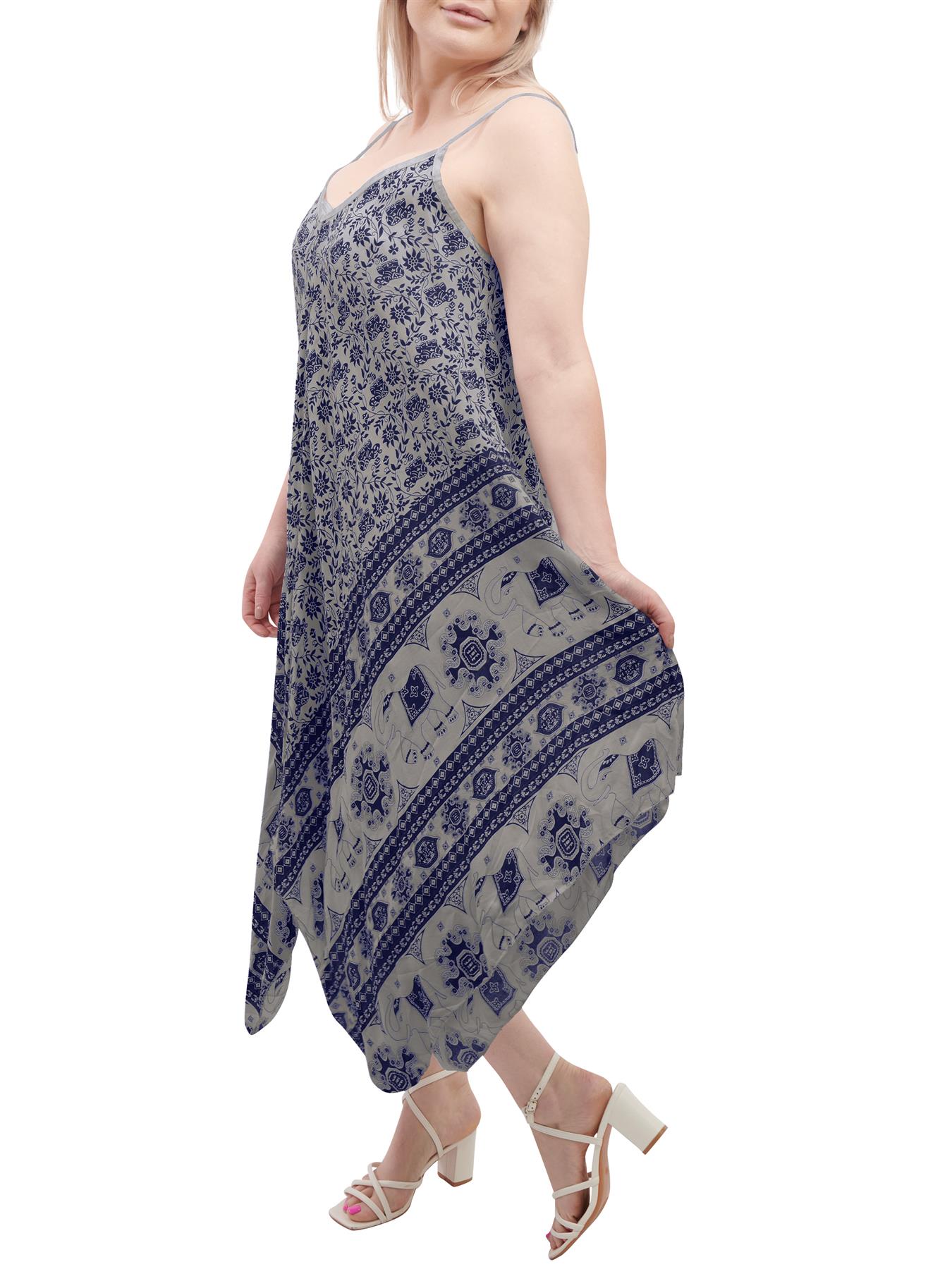 Womens Sleeveless Italian V Neck Hanky Dress Elephant Print Strappy Summer Maxi - Picture 47 of 72