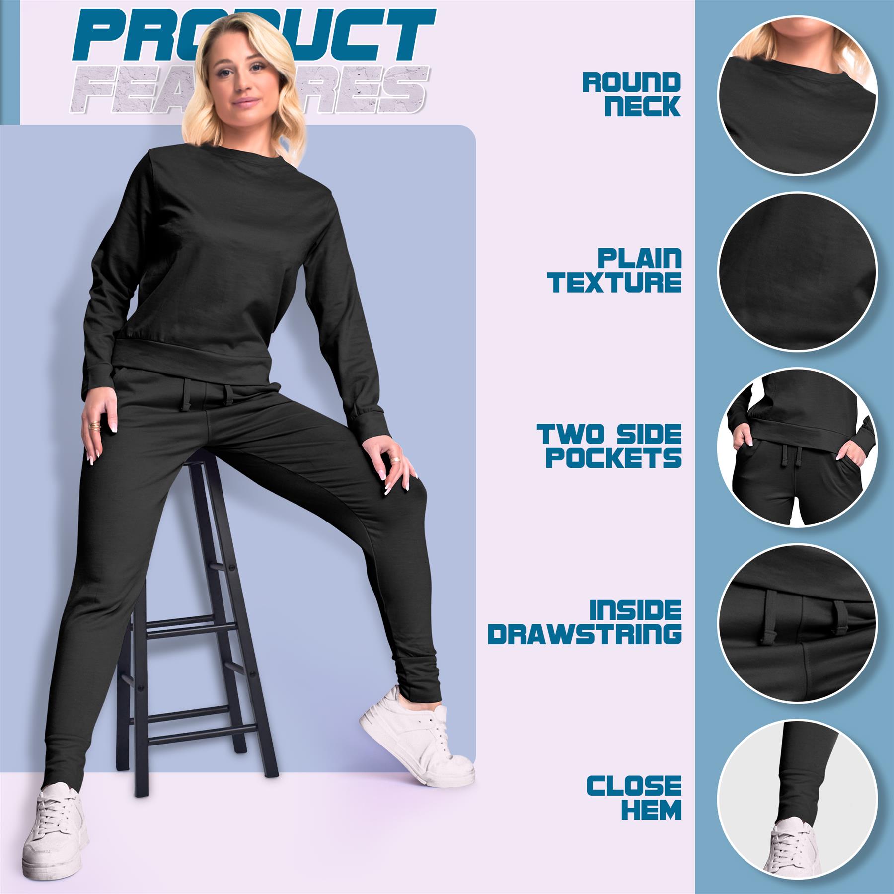 Womens Long Sleeve Plain Lounge Wear Set Ladies Casual Comfy Two Piece Tracksuit - Picture 21 of 27