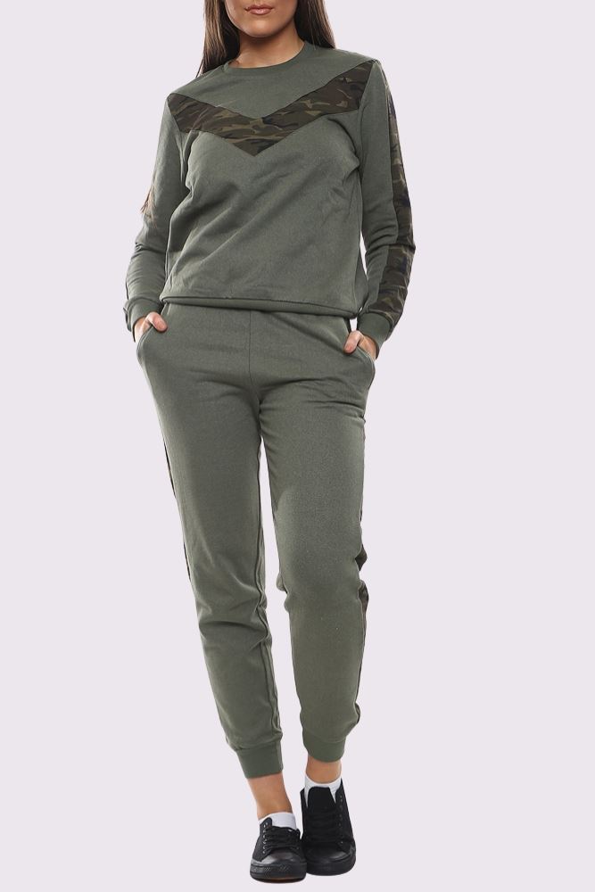 Womens Army Camou Side Stripe Jogging Bottom Loungewear Ladies Tracksuit Set UK - Picture 12 of 17