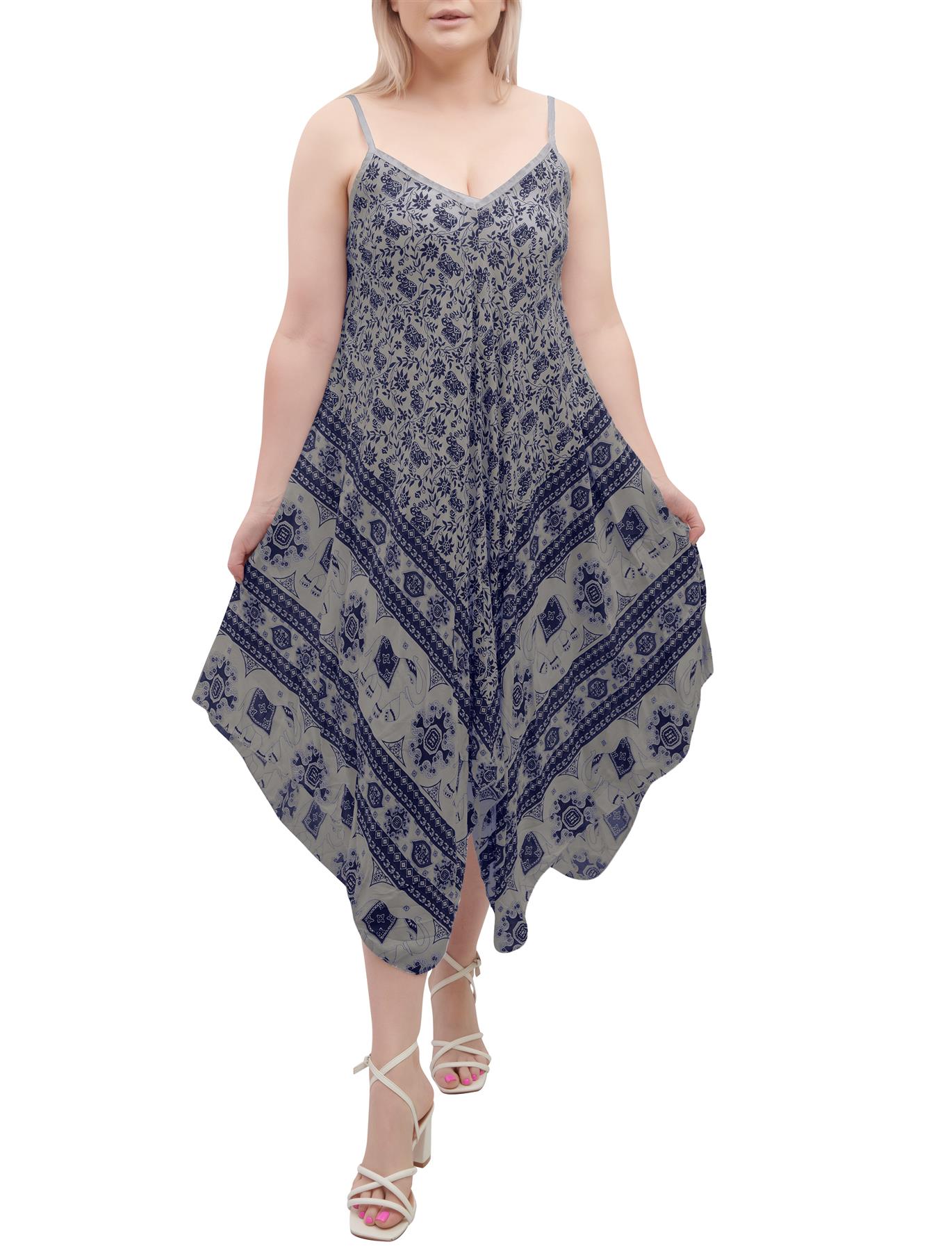 Womens Sleeveless Italian V Neck Hanky Dress Elephant Print Strappy Summer Maxi - Picture 46 of 72