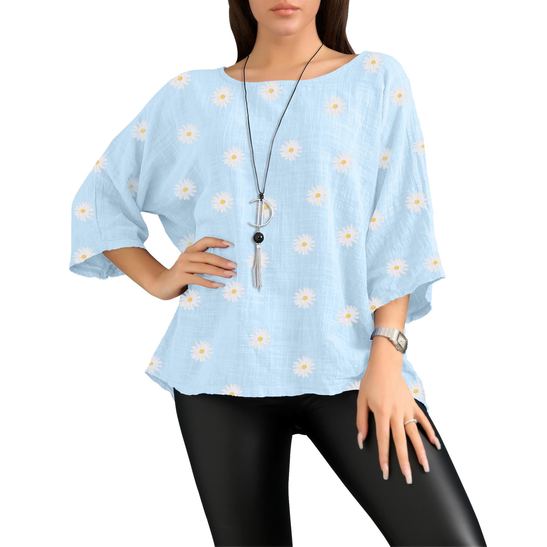Women's Italian Lagenlook Cotton Top Daisy Floral Print 3/4 Sleeves Tunic Shirt - Picture 54 of 63