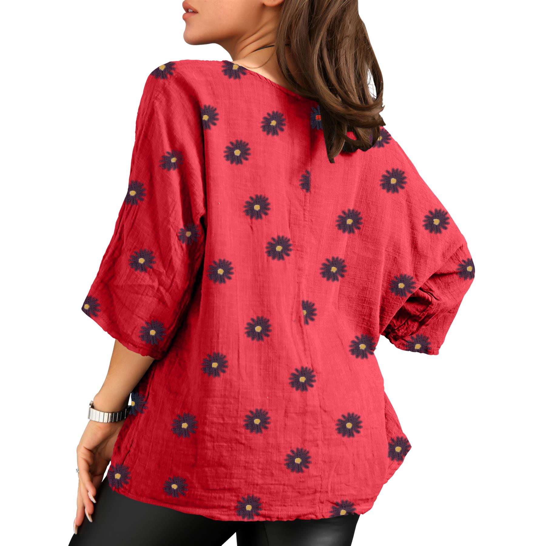 Ladies Italian Daisy Print Lagenlook Plain Lightweight Casual Short Top - Picture 85 of 101