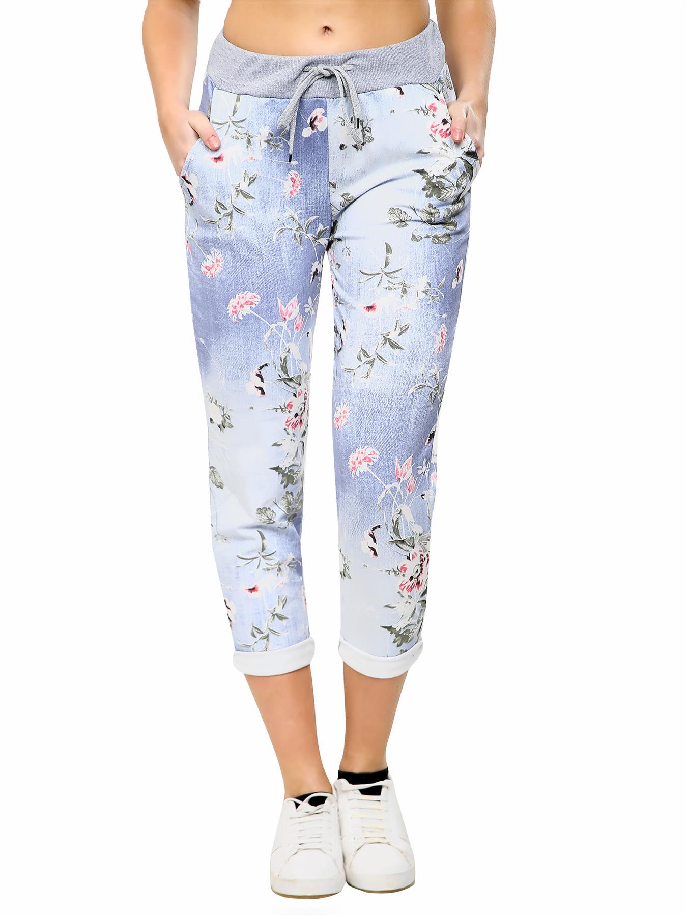 Womens Ladies Floral Print Italian Trousers Casual Magic Jogging Bottoms Pants