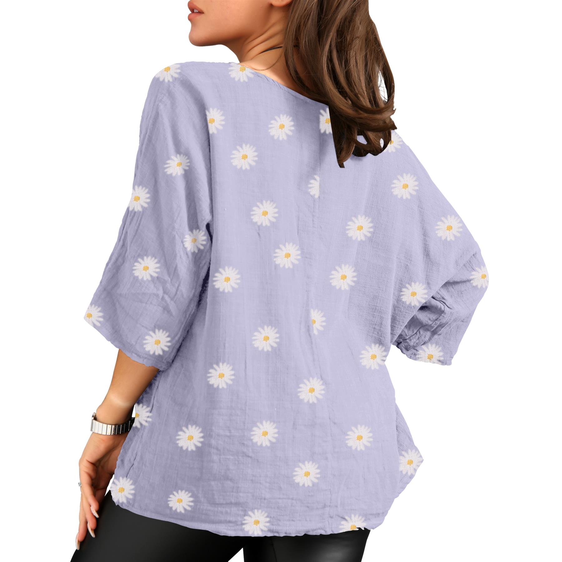 Women's Italian Lagenlook Cotton Top Daisy Floral Print 3/4 Sleeves Tunic Shirt - Picture 53 of 63