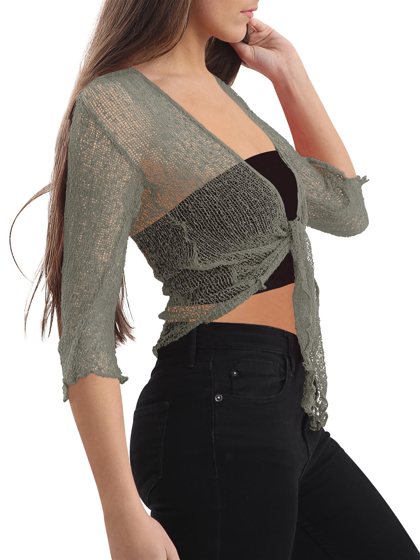 Womens Tie Up Open Front Shrug Ladies Knitted Cropped Bolero beach summer Top - Picture 41 of 169