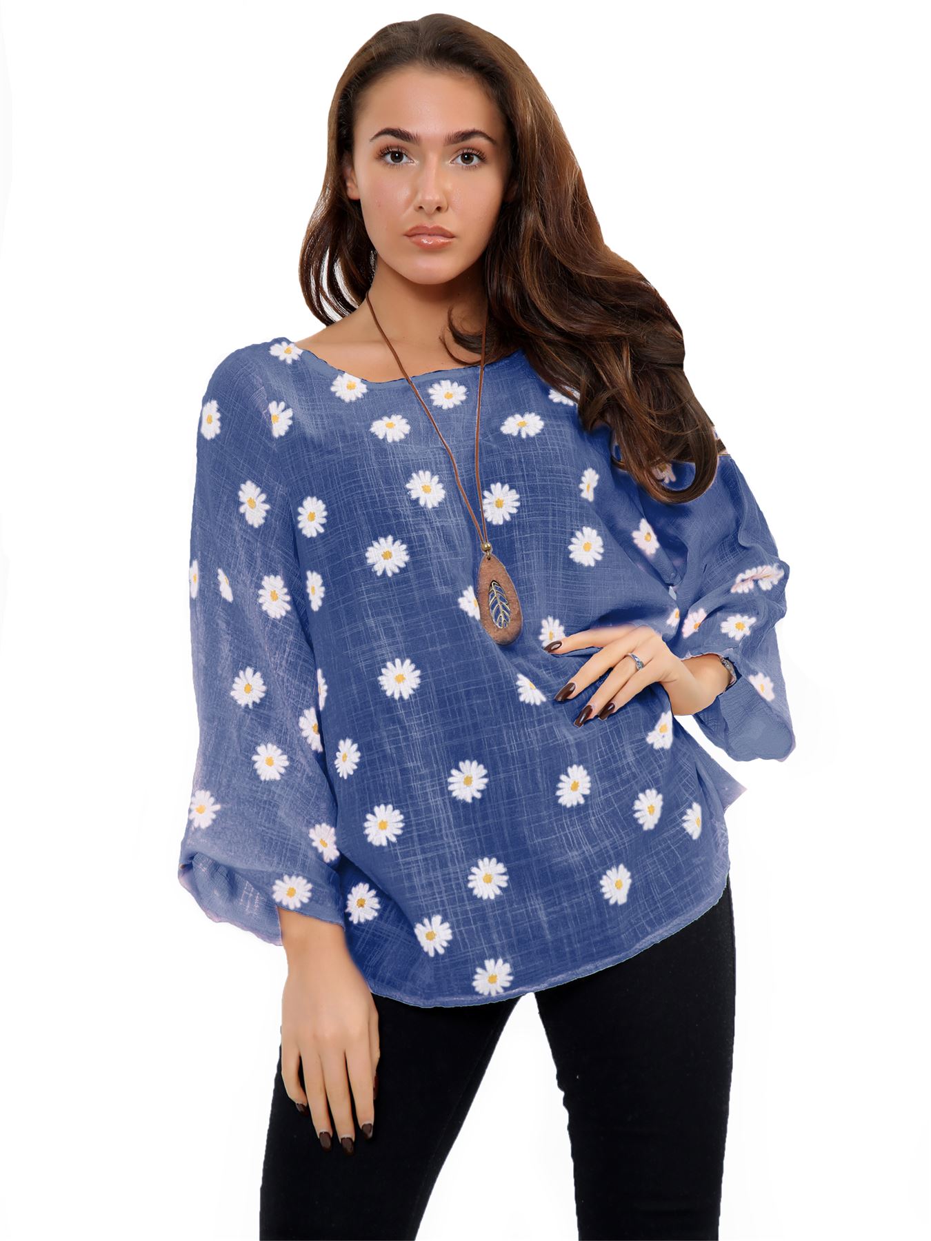 Ladies Italian Daisy Print Lagenlook Plain Lightweight Casual Short Top - Picture 88 of 101