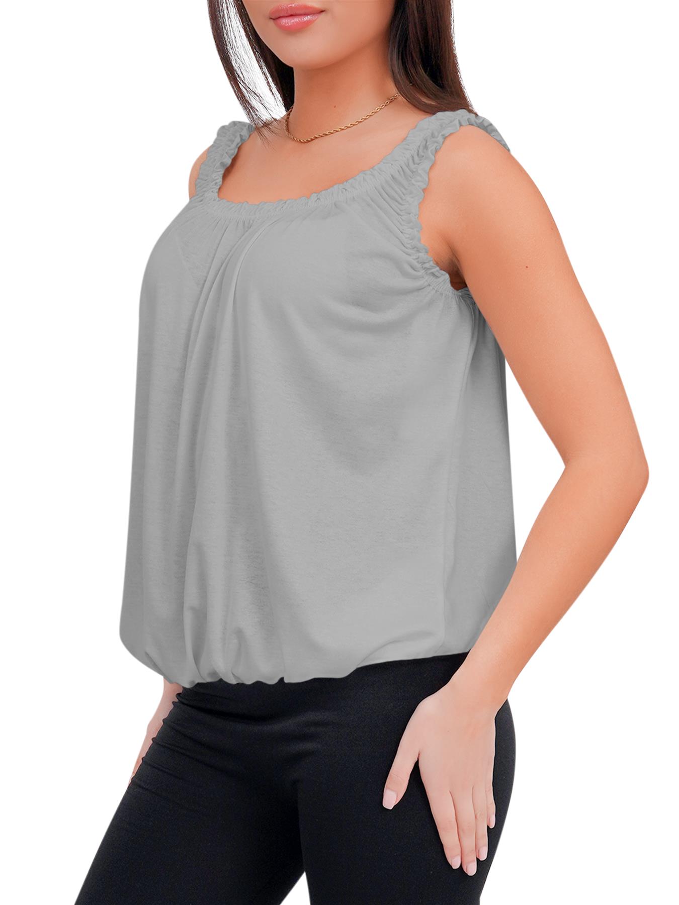 Women Round Scoop Neckline Gathered Vest Top Ladies Elastic Bubble Hem Summer - Picture 73 of 138
