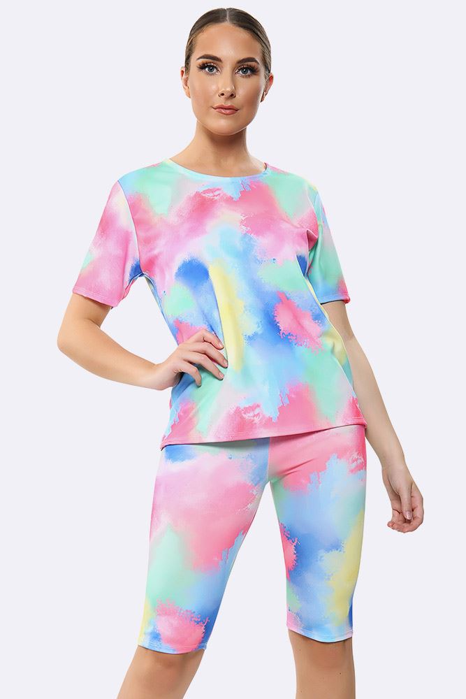 New Womens Summer T-Shirt and Cycling Shorts Set Tie Dye Co-ord Set - Picture 7 of 12