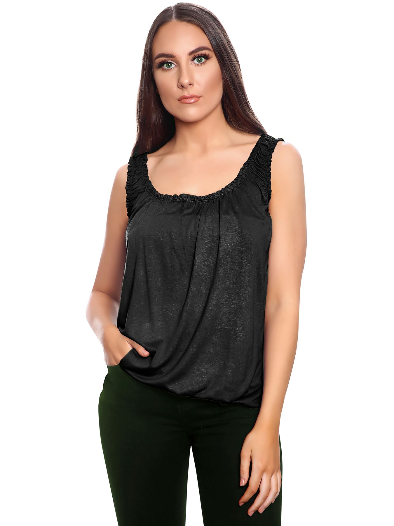 Women Round Scoop Neckline Gathered Vest Top Ladies Elastic Bubble Hem Summer - Picture 20 of 138