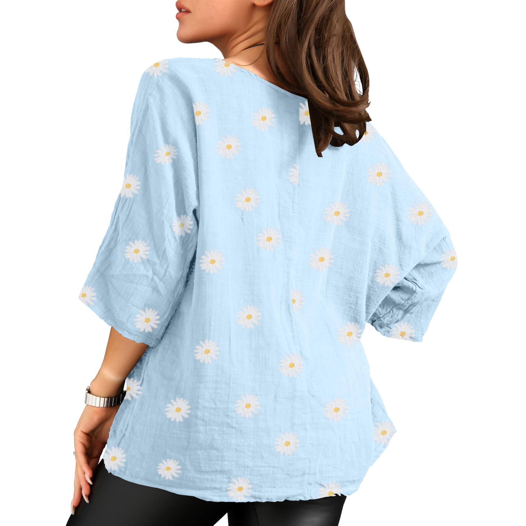Women's Italian Lagenlook Cotton Top Daisy Floral Print 3/4 Sleeves Tunic Shirt - Picture 55 of 63