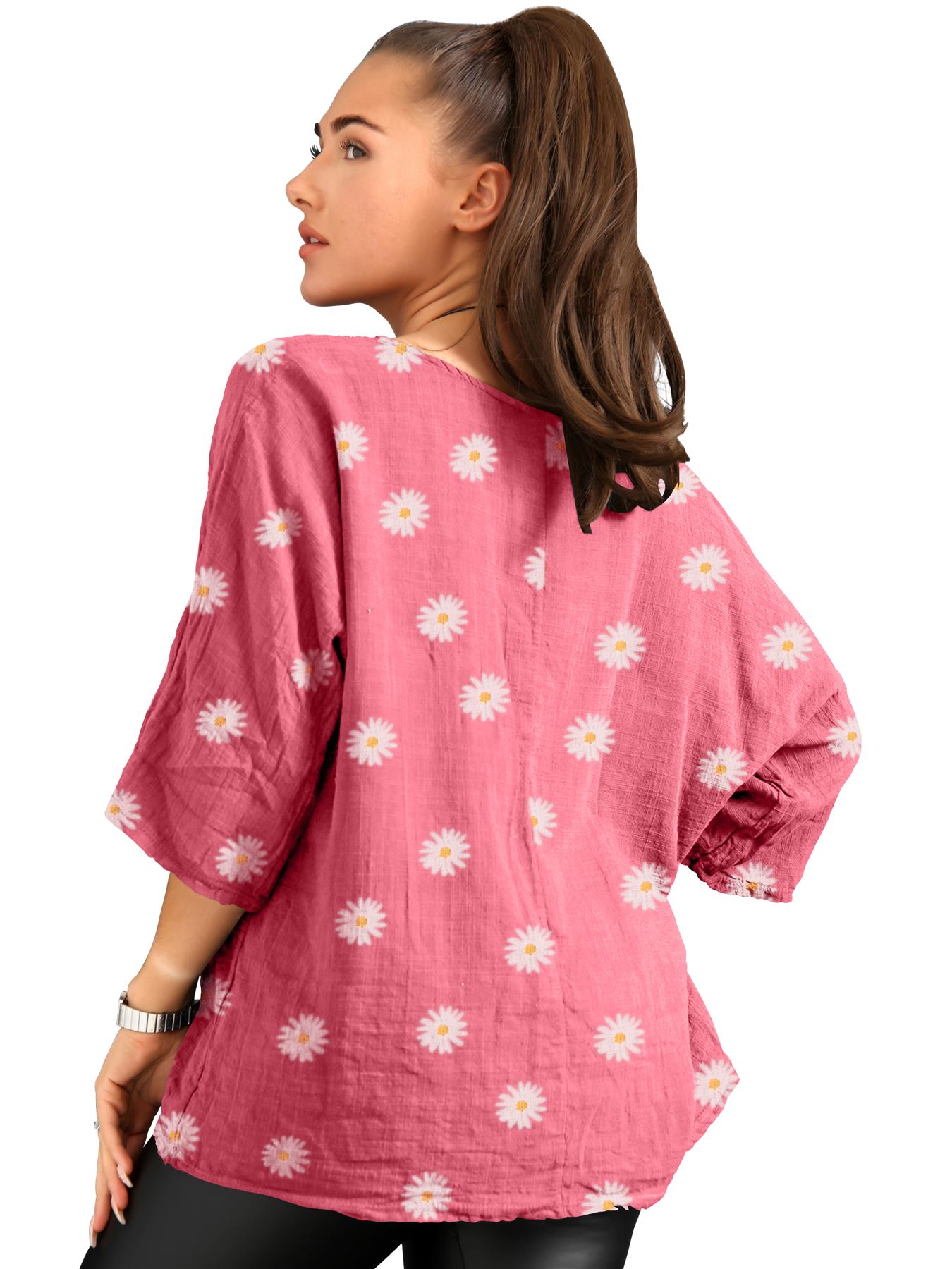 Women's Italian Lagenlook Cotton Top Daisy Floral Print 3/4 Sleeves Tunic Shirt - Picture 15 of 63