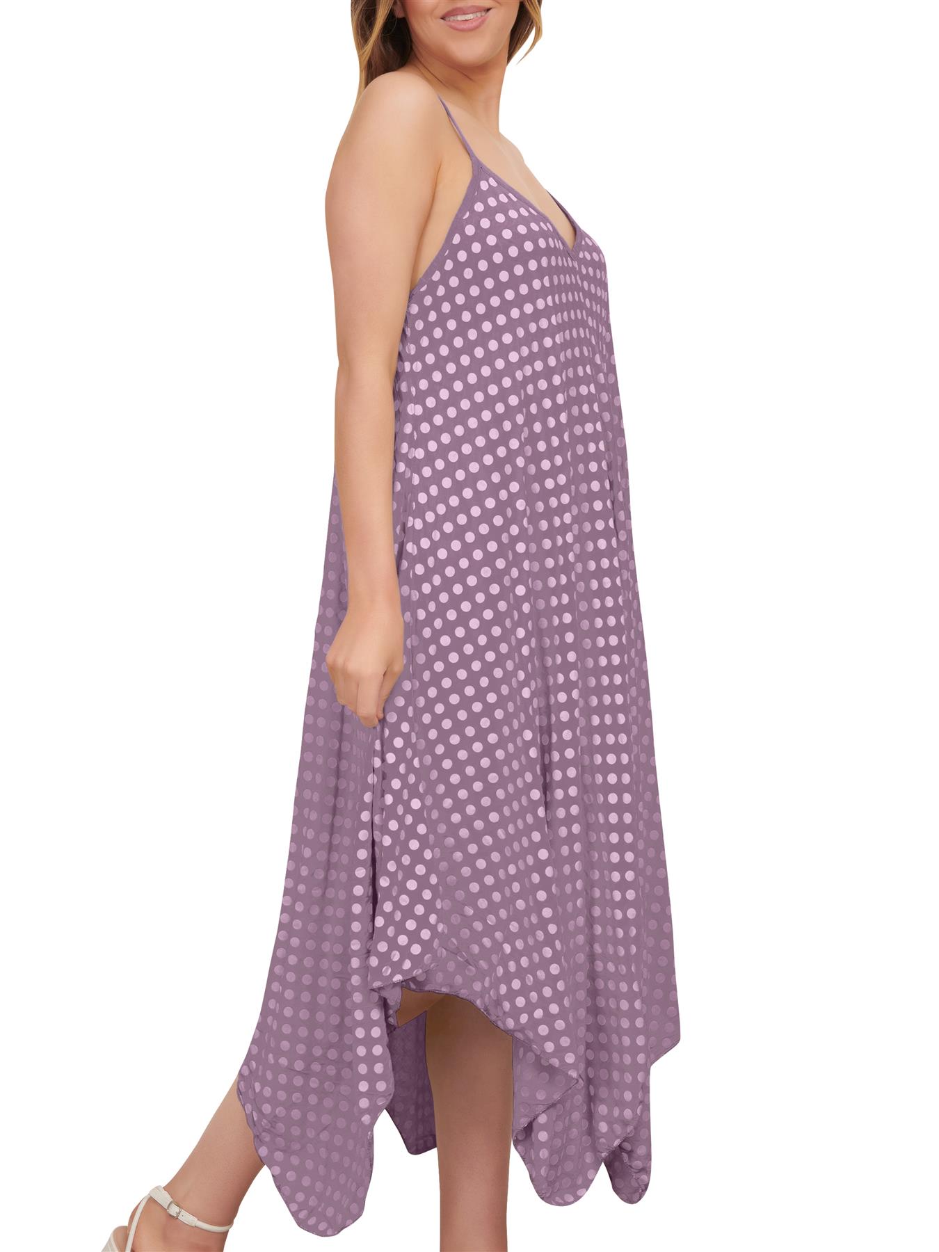 Womens Italian Spotted Print Strappy Hanky Hem Dress V Neck Sleeveless Summer - Picture 13 of 20