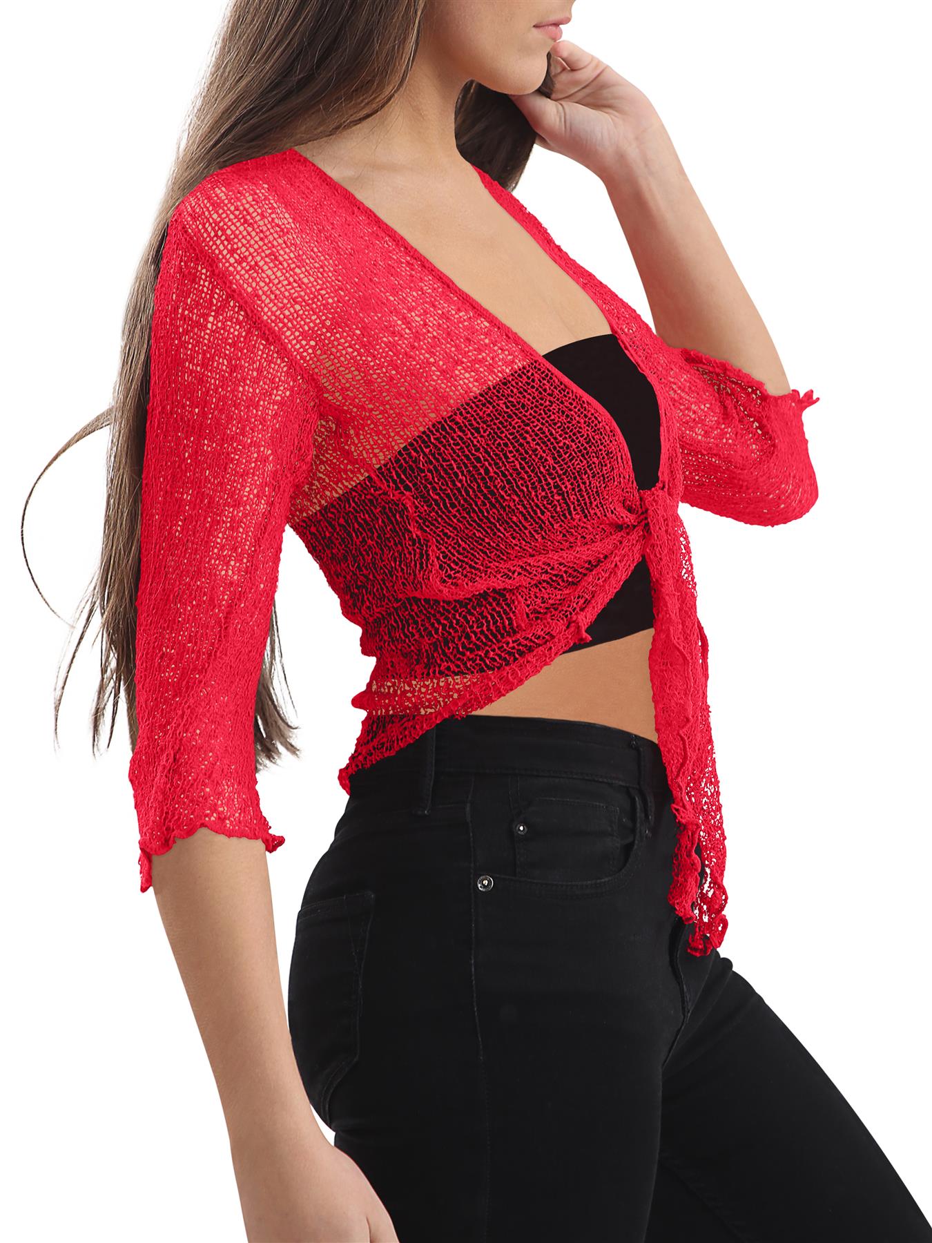 Womens Tie Up Open Front Shrug Ladies Knitted Cropped Bolero beach summer Top - Picture 129 of 169