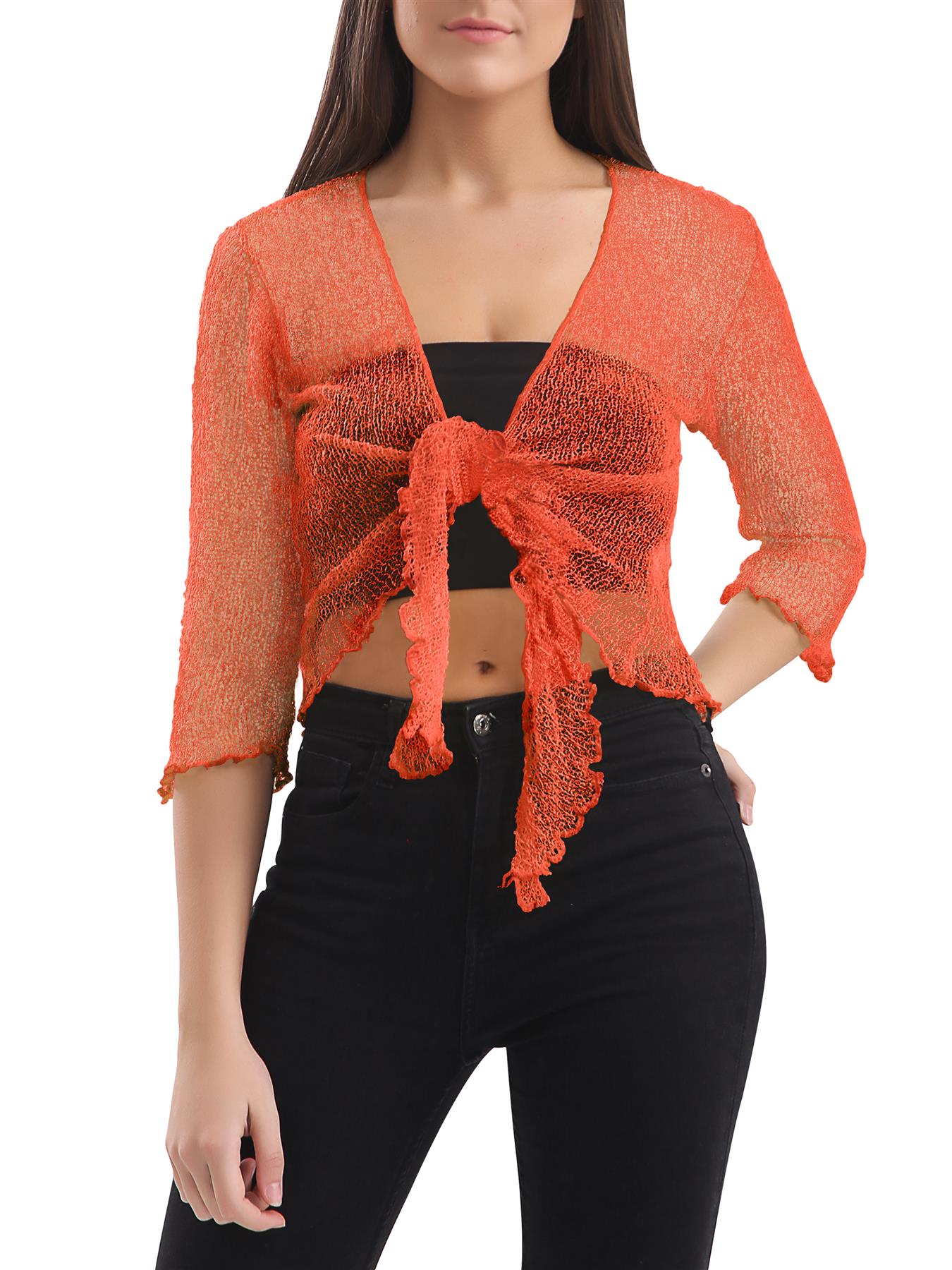 Womens Tie Up Open Front Shrug Ladies Knitted Cropped Bolero beach summer Top - Picture 113 of 169