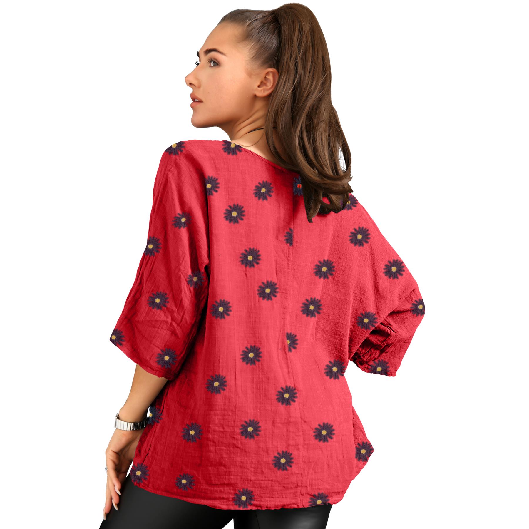 Women's Italian Lagenlook Cotton Top Daisy Floral Print 3/4 Sleeves Tunic Shirt - Picture 49 of 63