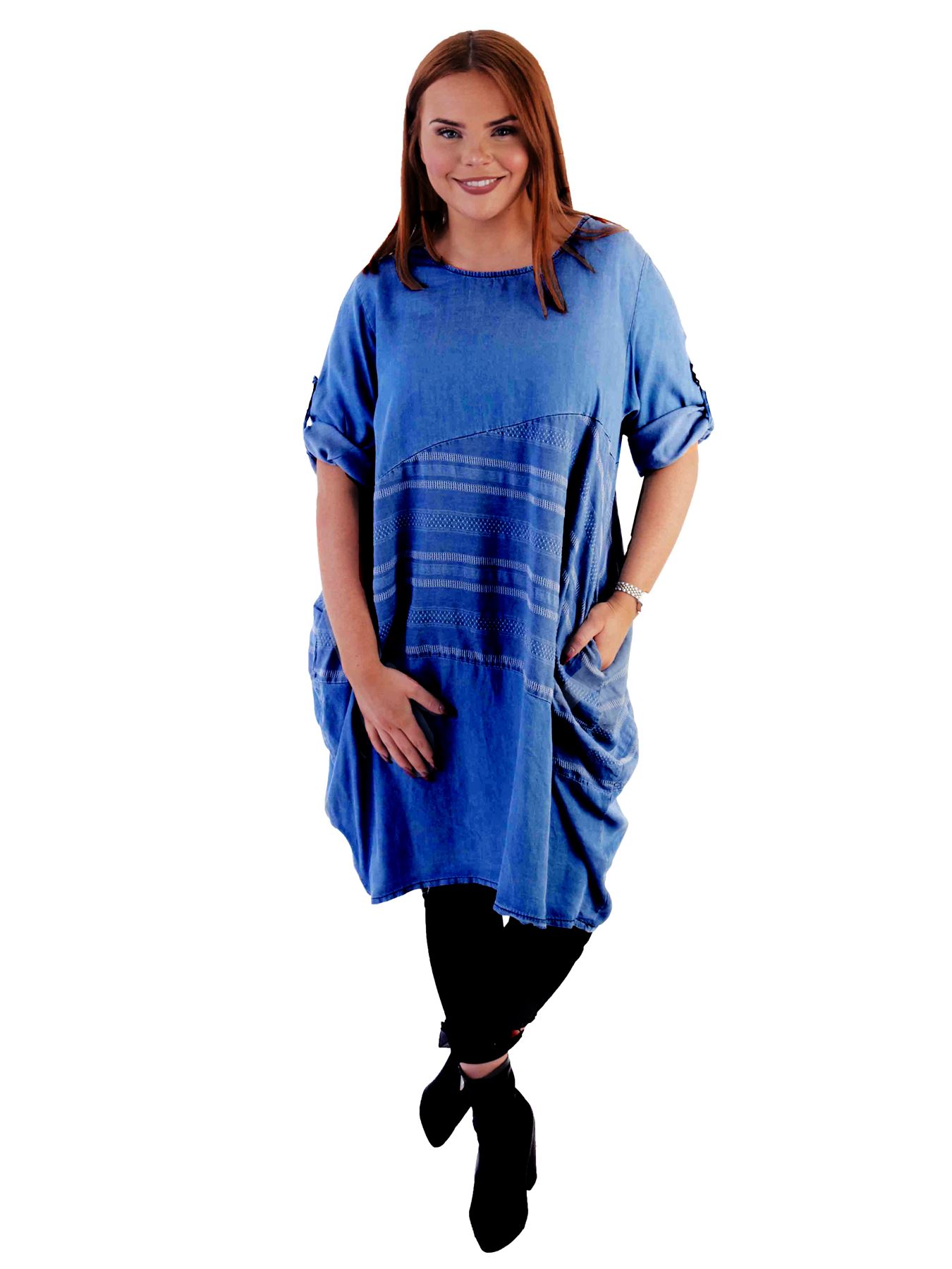 Womens Denim Jeans Stripe Print Italian Lagenlook Dress Summer Cocoon