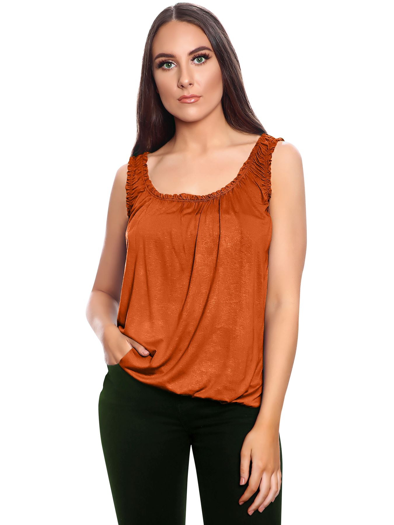Women Round Scoop Neckline Gathered Vest Top Ladies Elastic Bubble Hem Summer - Picture 116 of 138
