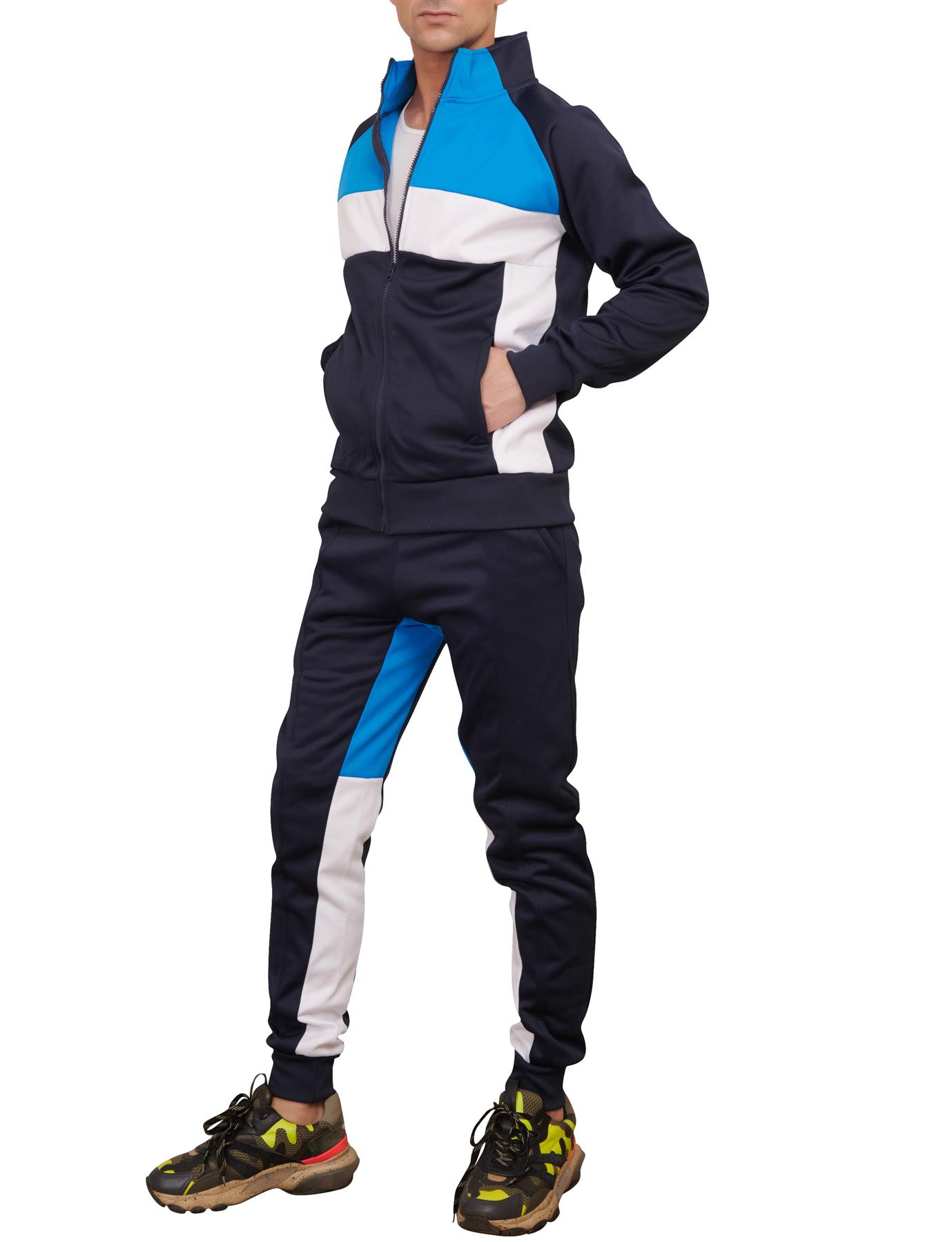 Mens Panelled Zip-through Collared Tracksuit Set Joggers Bottom Casual Tracksuit - Picture 8 of 9
