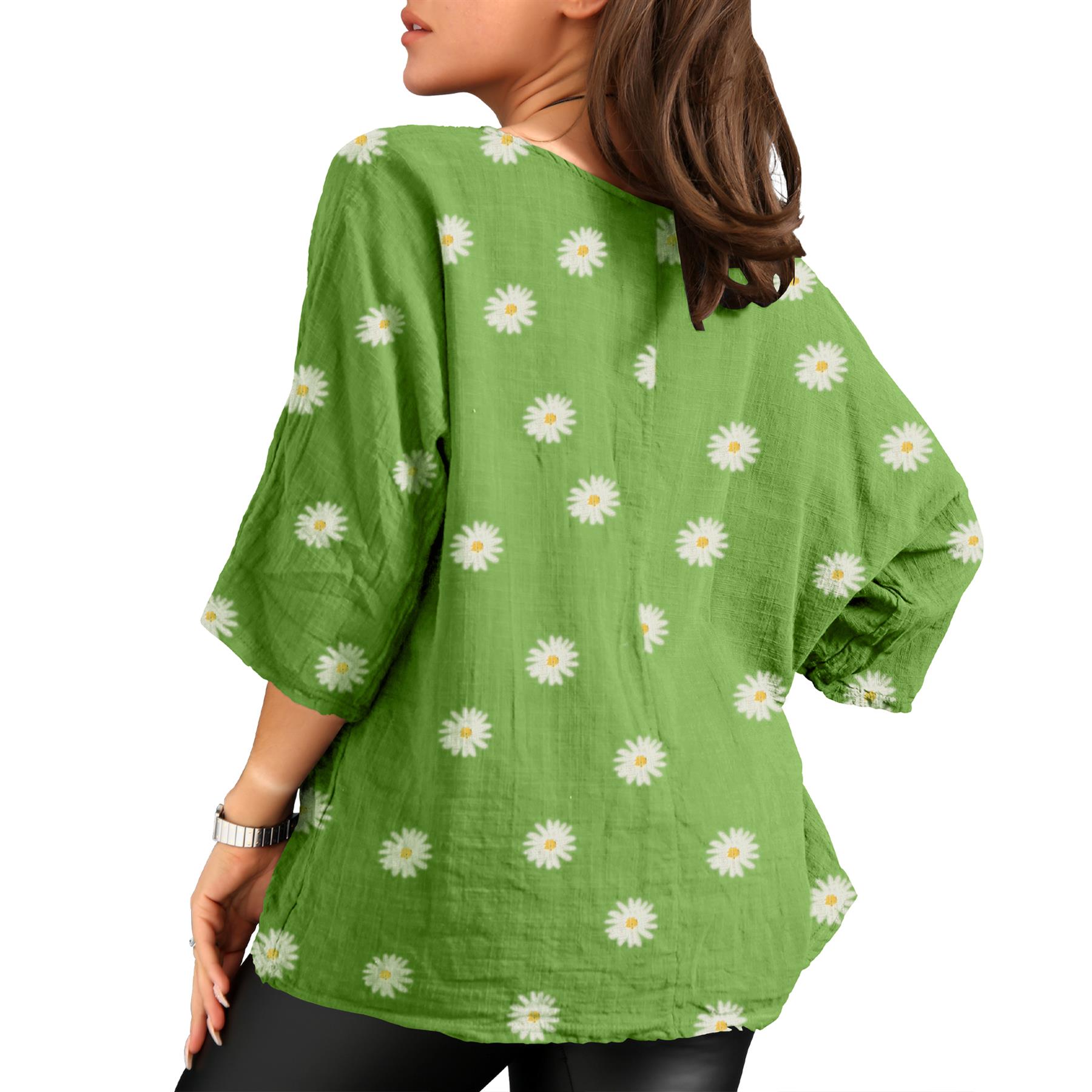 Women's Italian Lagenlook Cotton Top Daisy Floral Print 3/4 Sleeves Tunic Shirt - Picture 5 of 63