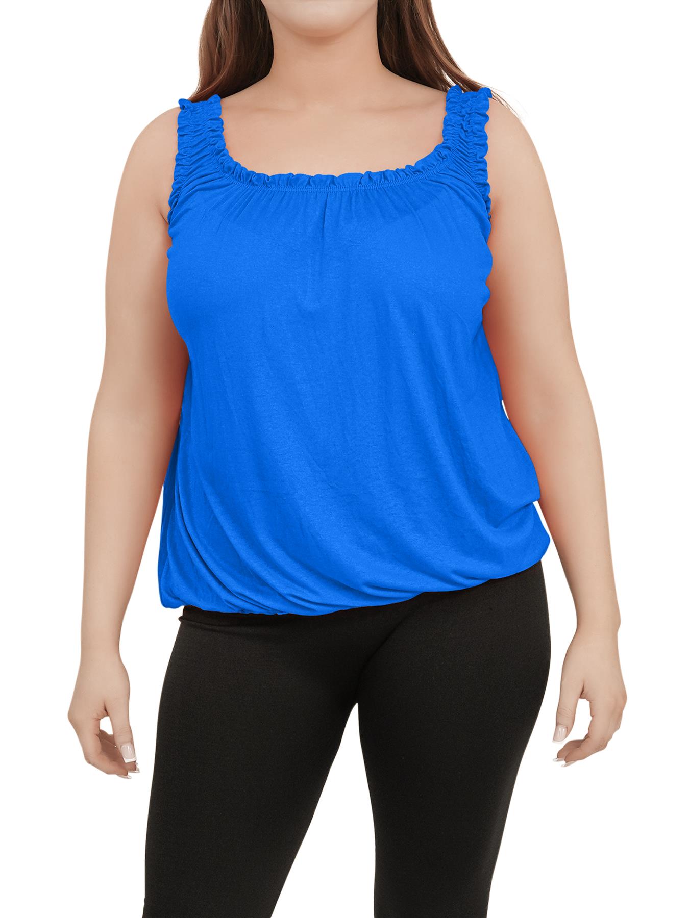 Women Round Scoop Neckline Gathered Vest Top Ladies Elastic Bubble Hem Summer - Picture 114 of 138