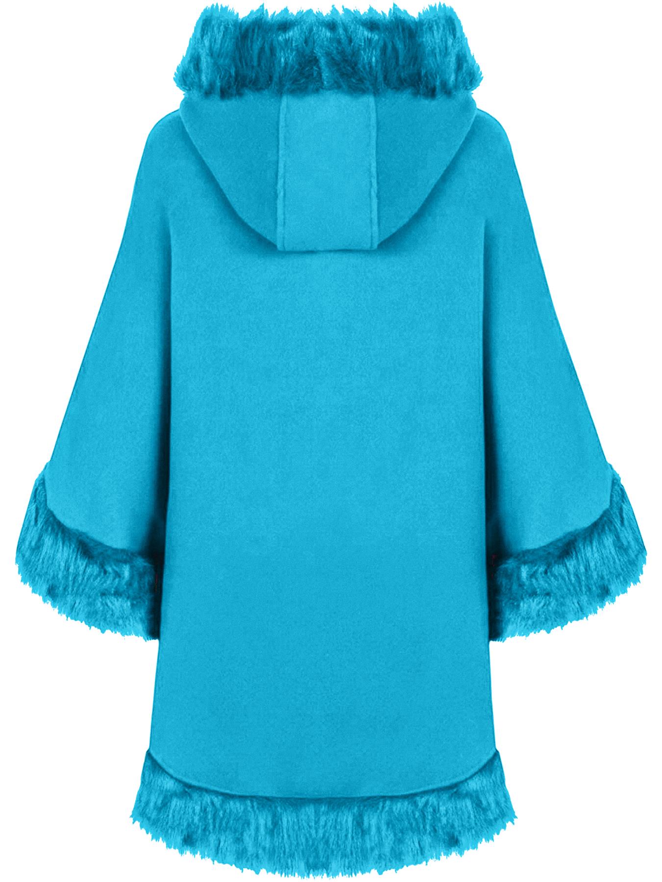 Womens Ladies Celebrity Designer Poncho Faux Fur Trim Hooded Cap Shawl Coat New