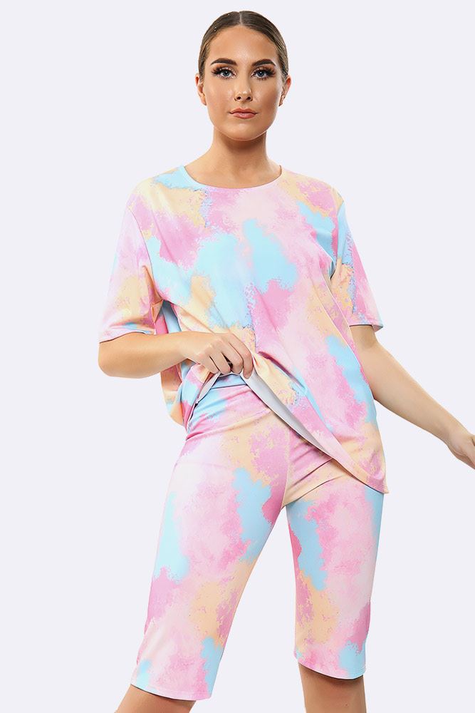 New Womens Summer T-Shirt and Cycling Shorts Set Tie Dye Co-ord Set - Picture 10 of 12