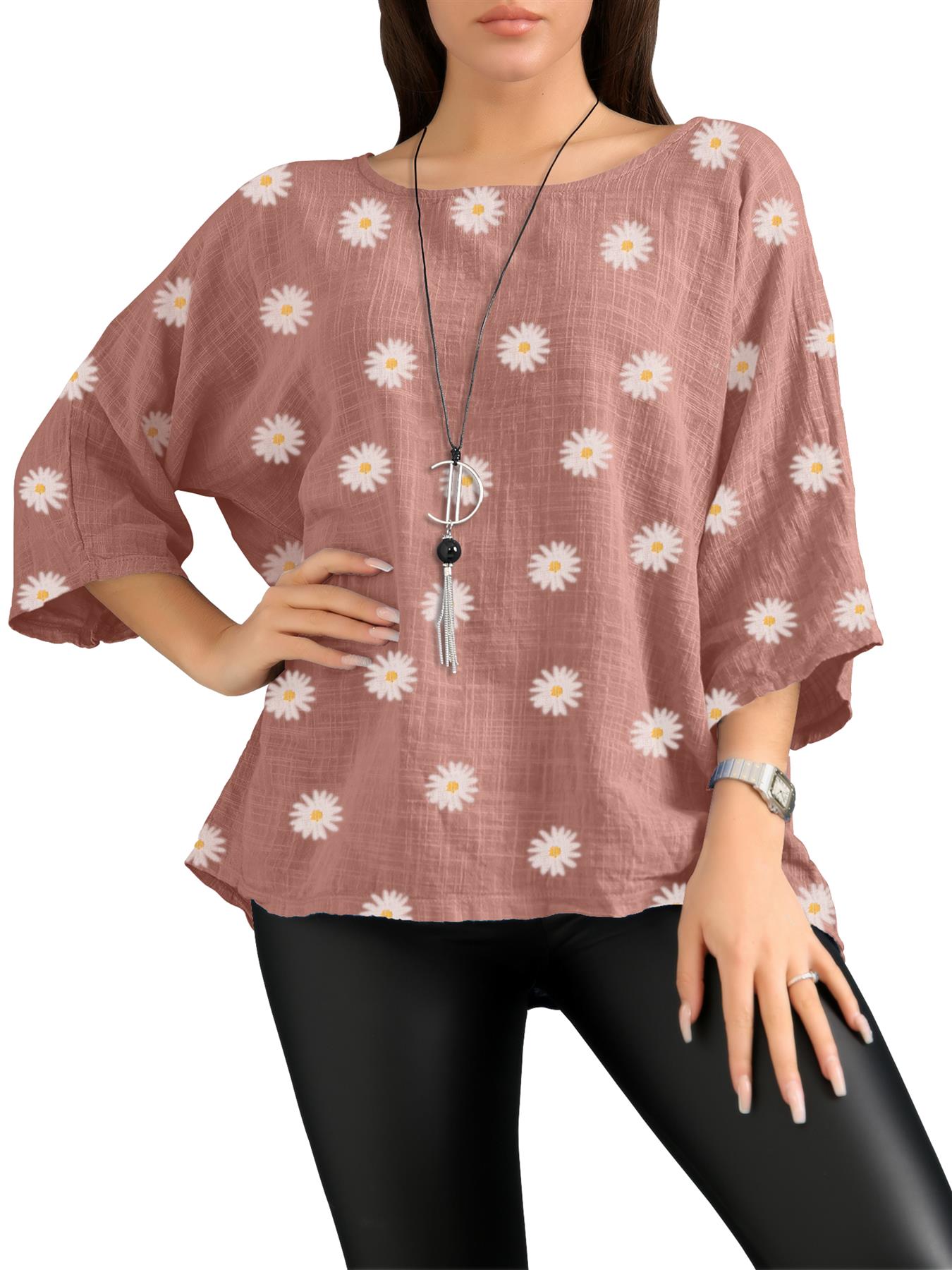 Women's Italian Lagenlook Cotton Top Daisy Floral Print 3/4 Sleeves Tunic Shirt - Picture 20 of 63