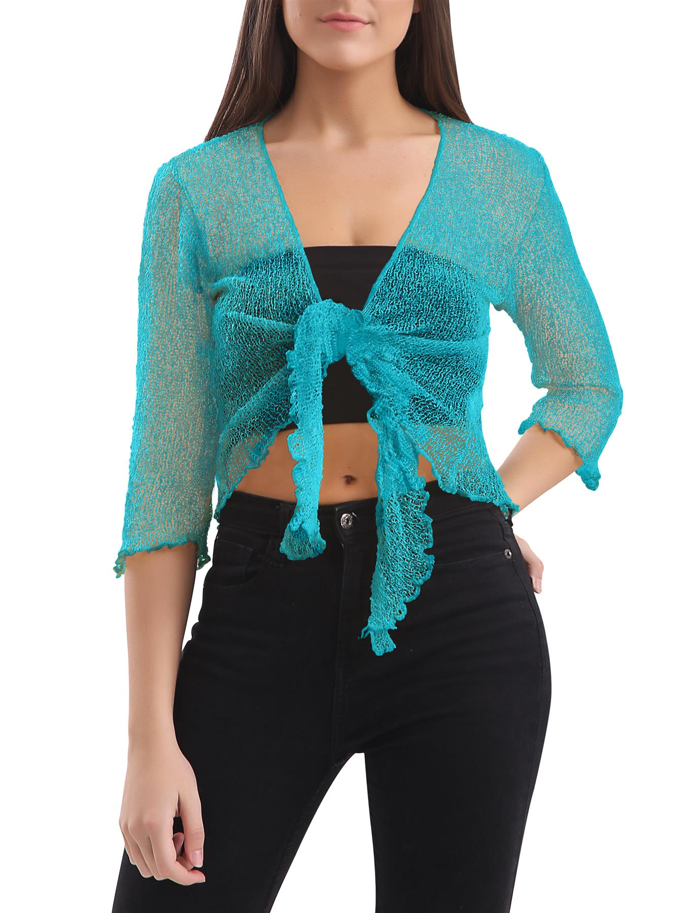 Womens Tie Up Open Front Shrug Ladies Knitted Cropped Bolero beach summer Top - Picture 155 of 169