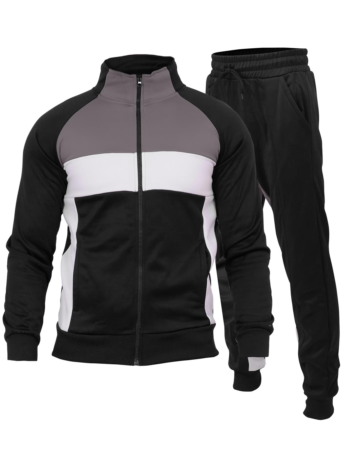 Mens Panelled Zip-through Collared Tracksuit Set Joggers Bottom Casual Tracksuit - Picture 4 of 9