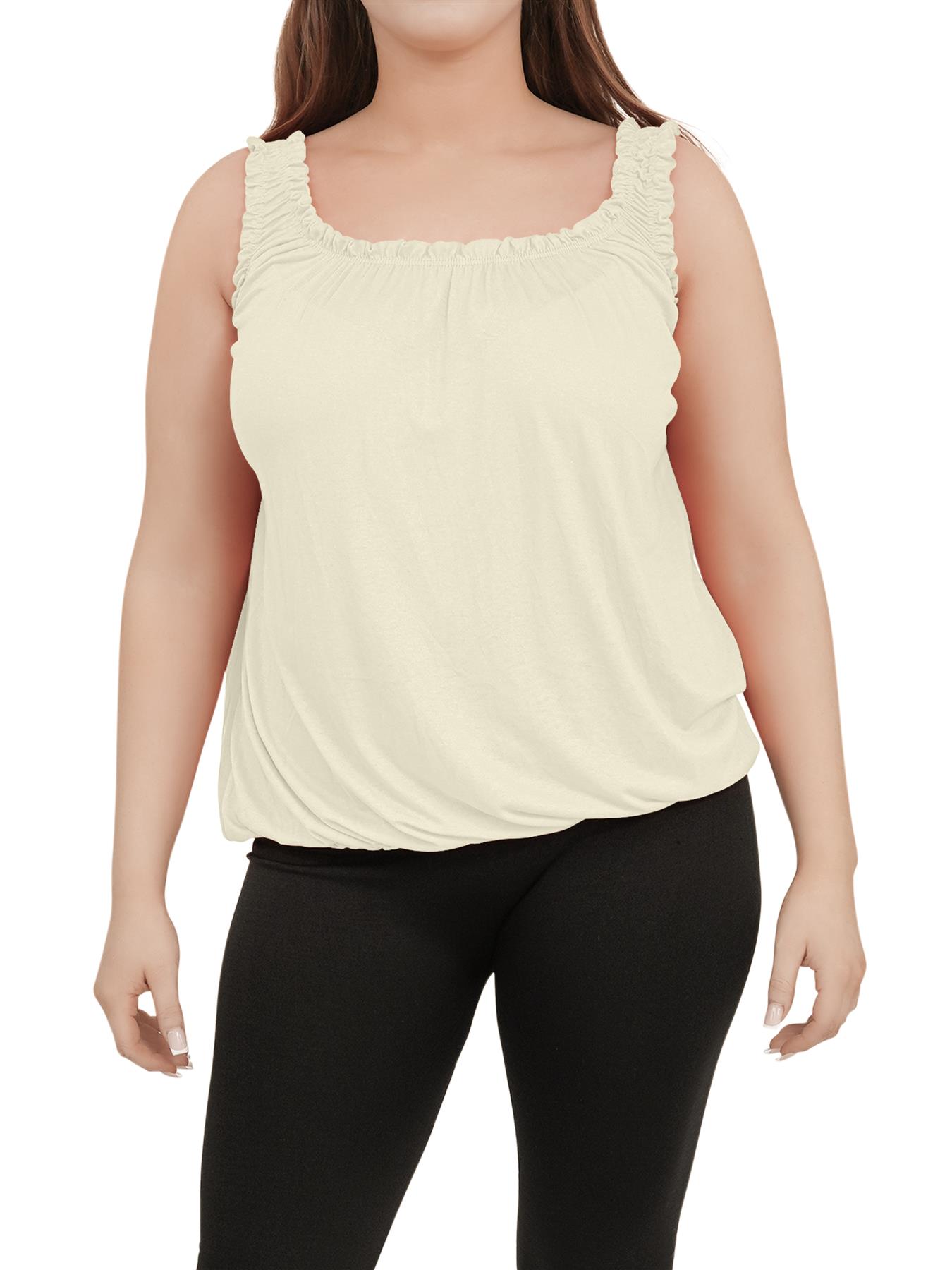 Women Round Scoop Neckline Gathered Vest Top Ladies Elastic Bubble Hem Summer - Picture 66 of 138