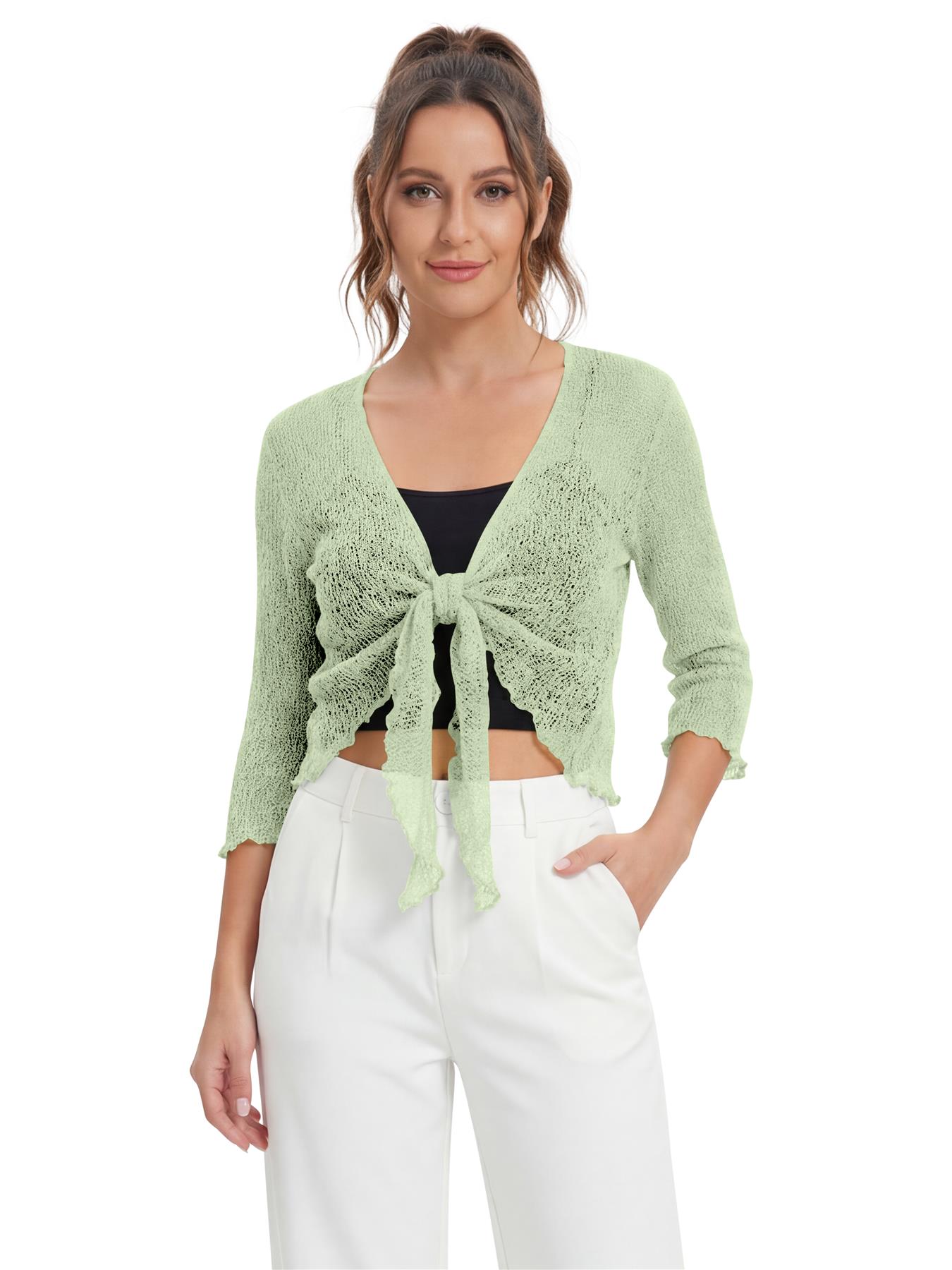 Women's Crochet Summer Cardigan – Cropped Tie Front Short Sleeve