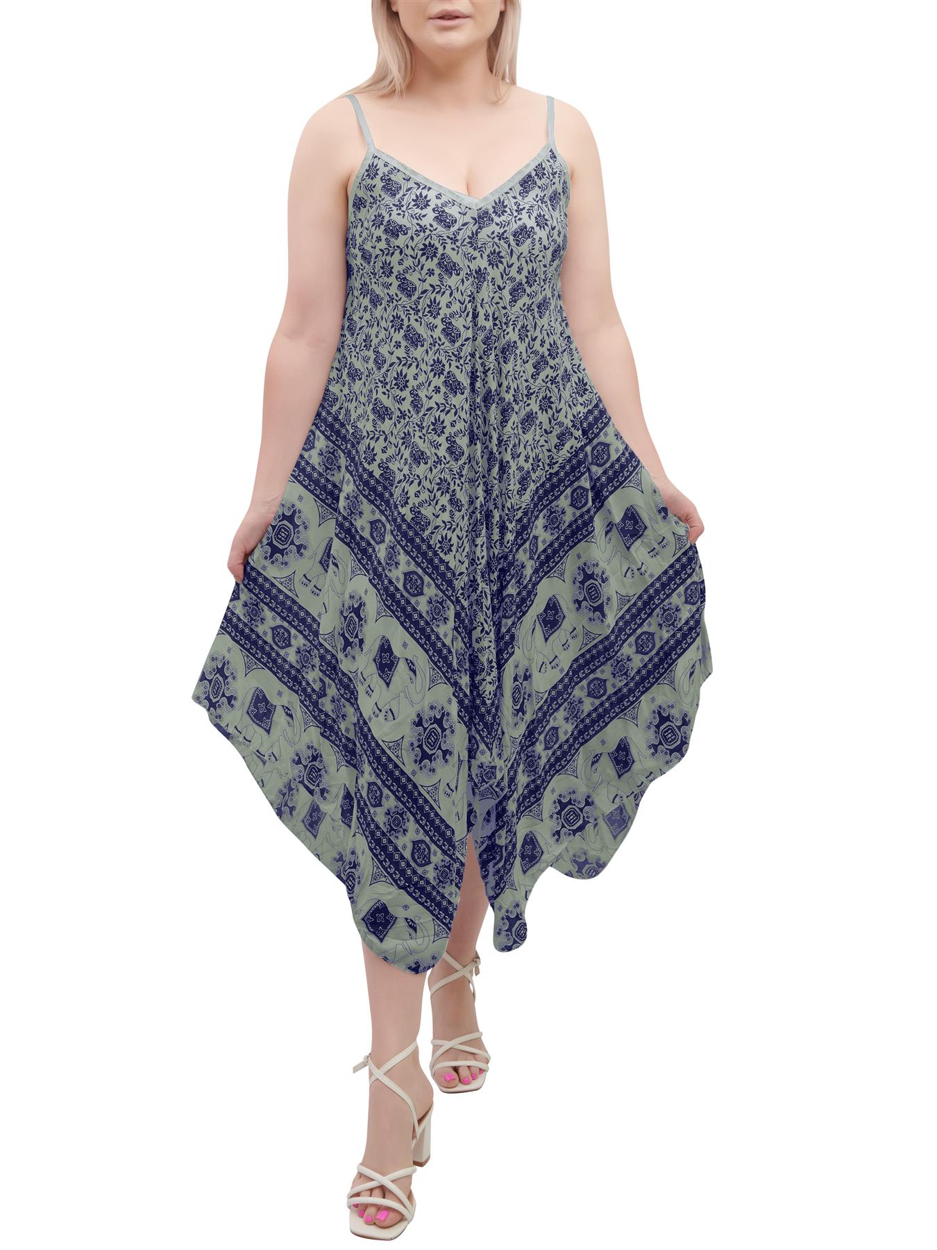 Womens Sleeveless Italian V Neck Hanky Dress Elephant Print Strappy Summer Maxi - Picture 37 of 72