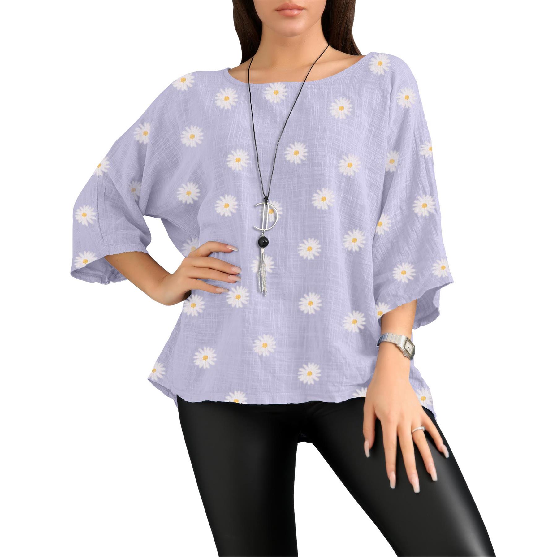 Women's Italian Lagenlook Cotton Top Daisy Floral Print 3/4 Sleeves Tunic Shirt - Picture 52 of 63