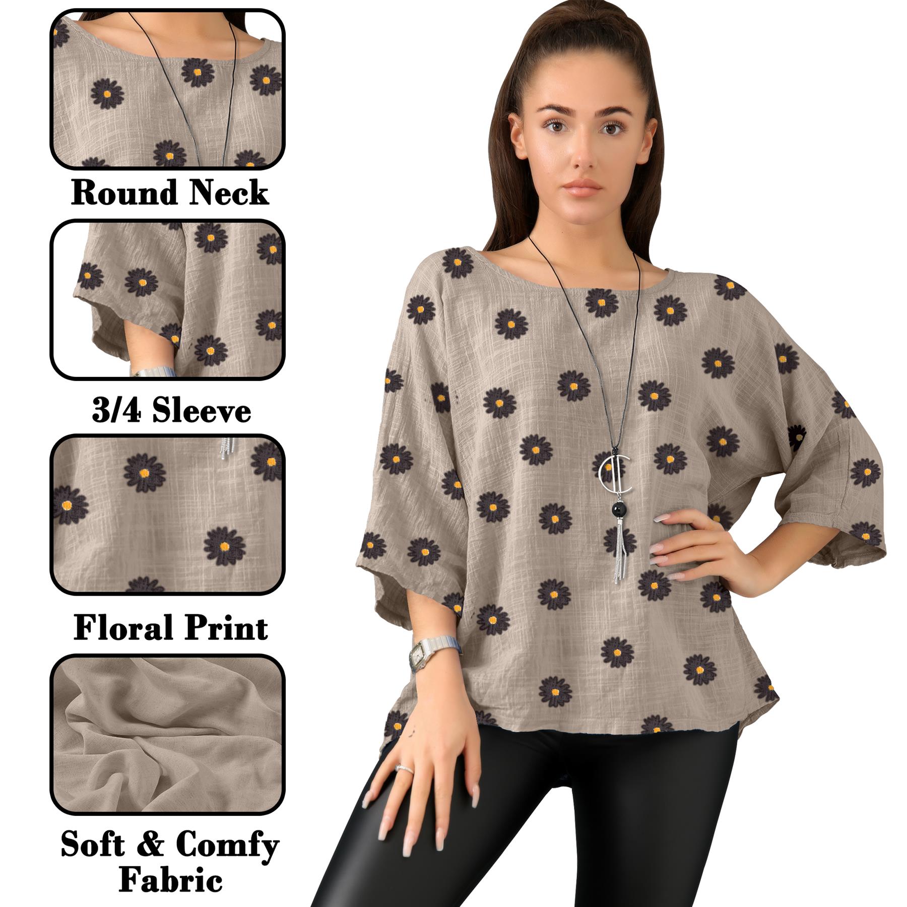 Ladies Italian Daisy Print Lagenlook Plain Lightweight Casual Short Top - Picture 18 of 101