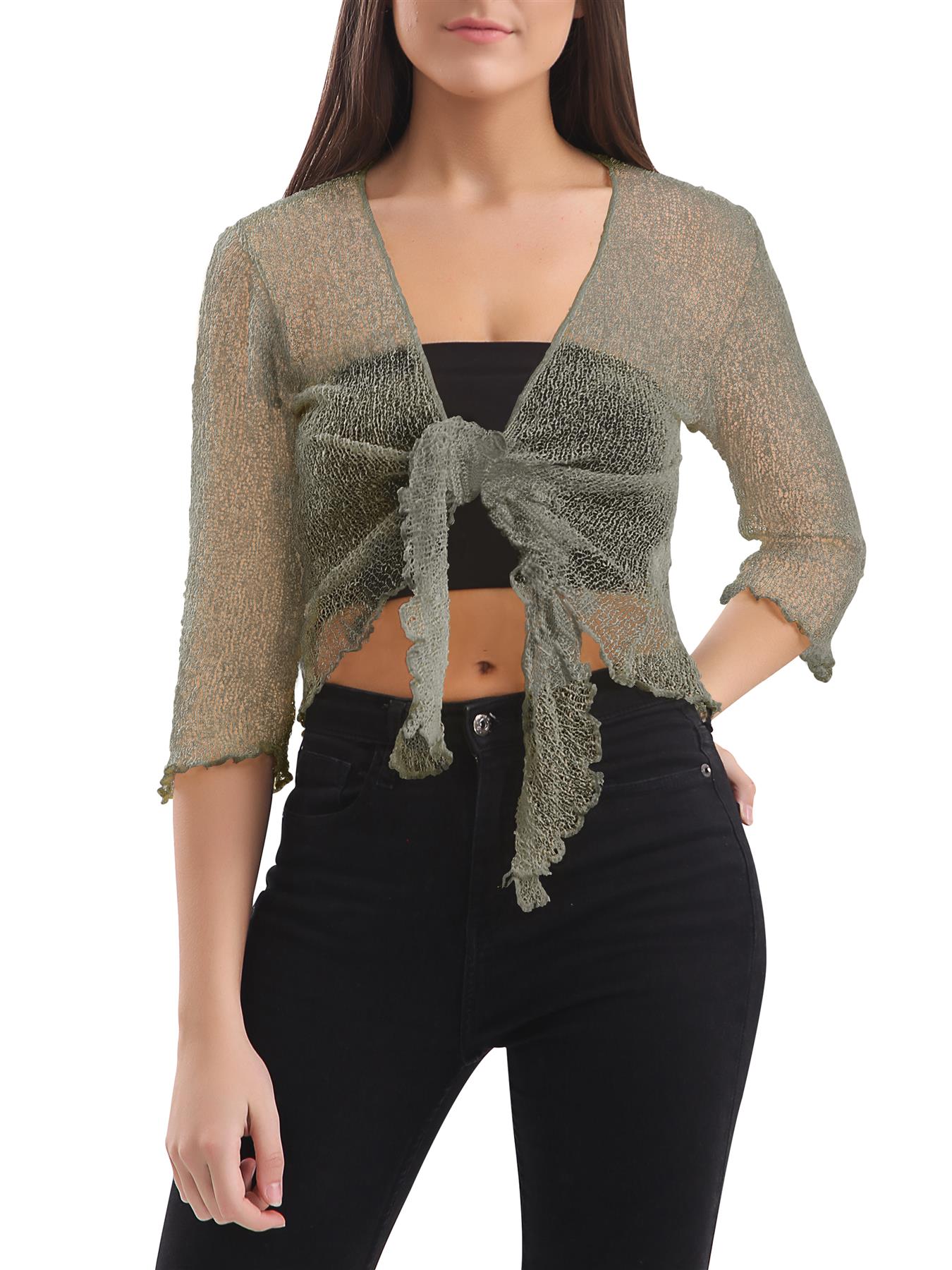 Womens Tie Up Open Front Shrug Ladies Knitted Cropped Bolero beach summer Top - Picture 40 of 169