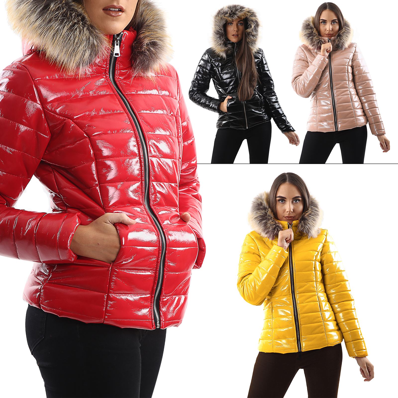 Womens Jacket Ladies Quilted Wet Look Shiny Padded Puffer Faux Fur Hooded Coat