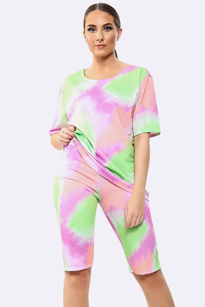 New Womens Summer T-Shirt and Cycling Shorts Set Tie Dye Co-ord Set - Picture 4 of 12