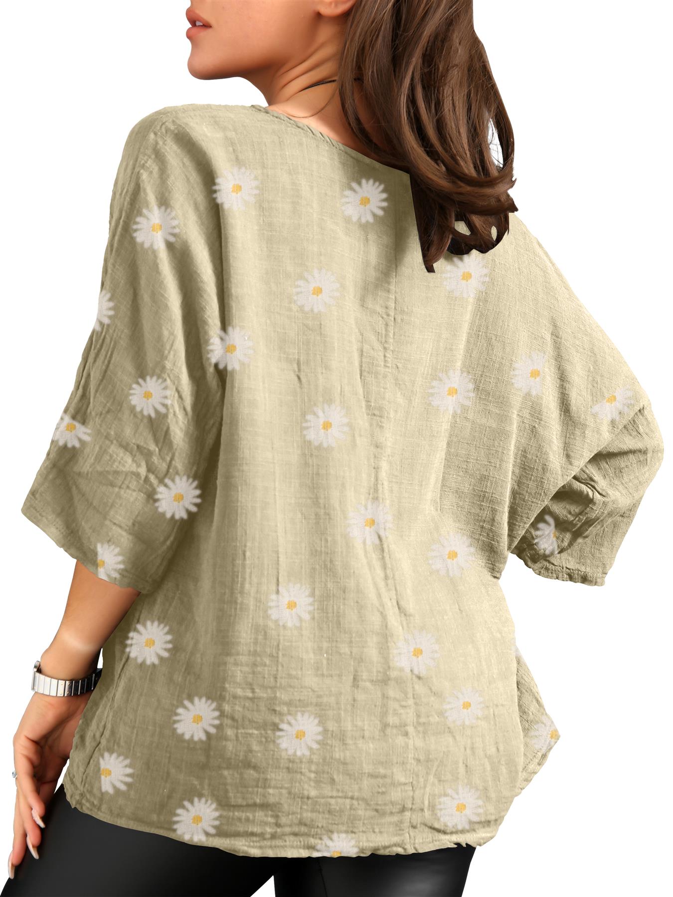 Women's Italian Lagenlook Cotton Top Daisy Floral Print 3/4 Sleeves Tunic Shirt - Picture 31 of 63