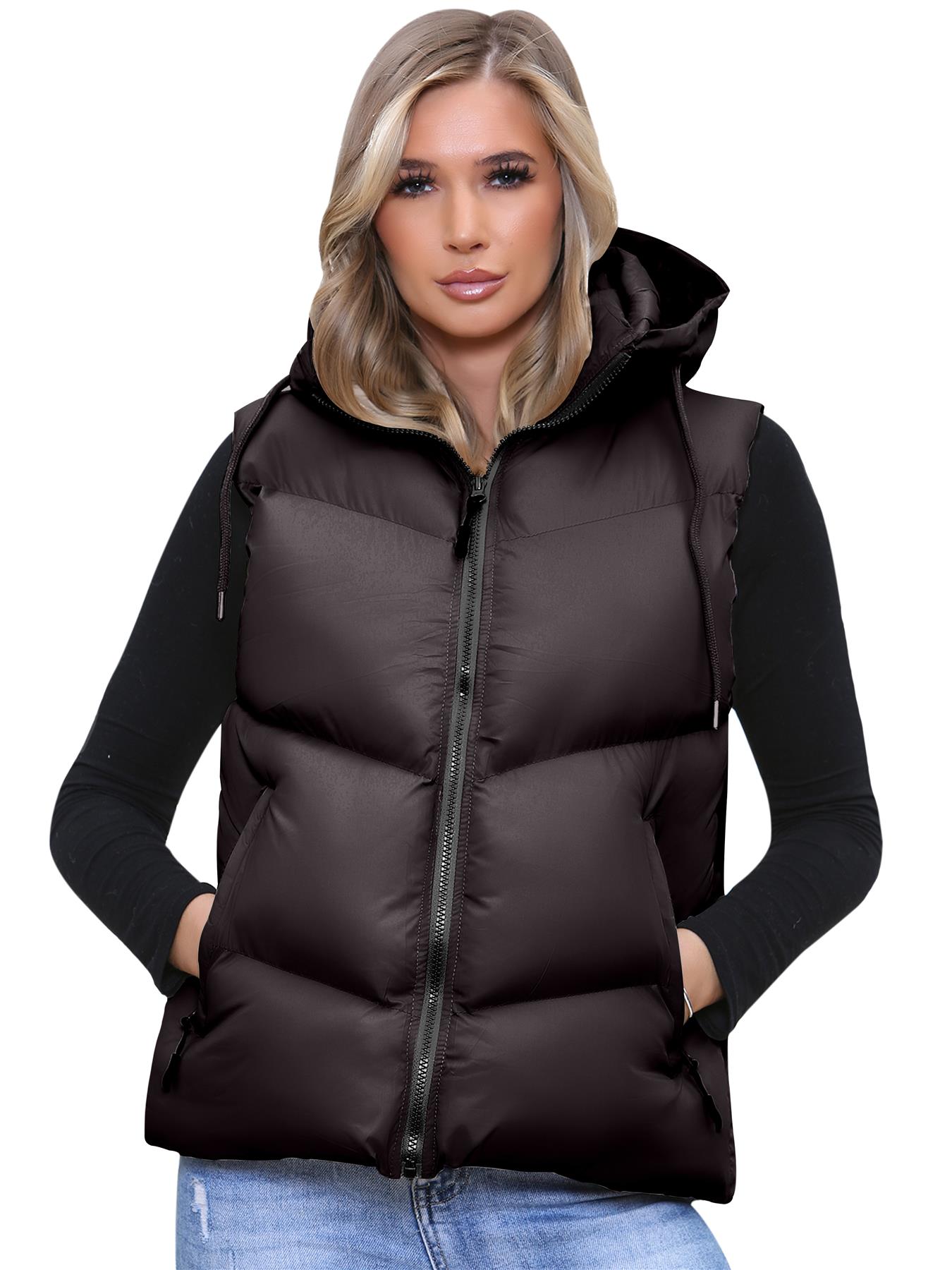 Women Italian Short Gillet Sleeveless Puffer Hooded Lightweight Zip Up Jacket - Picture 6 of 10