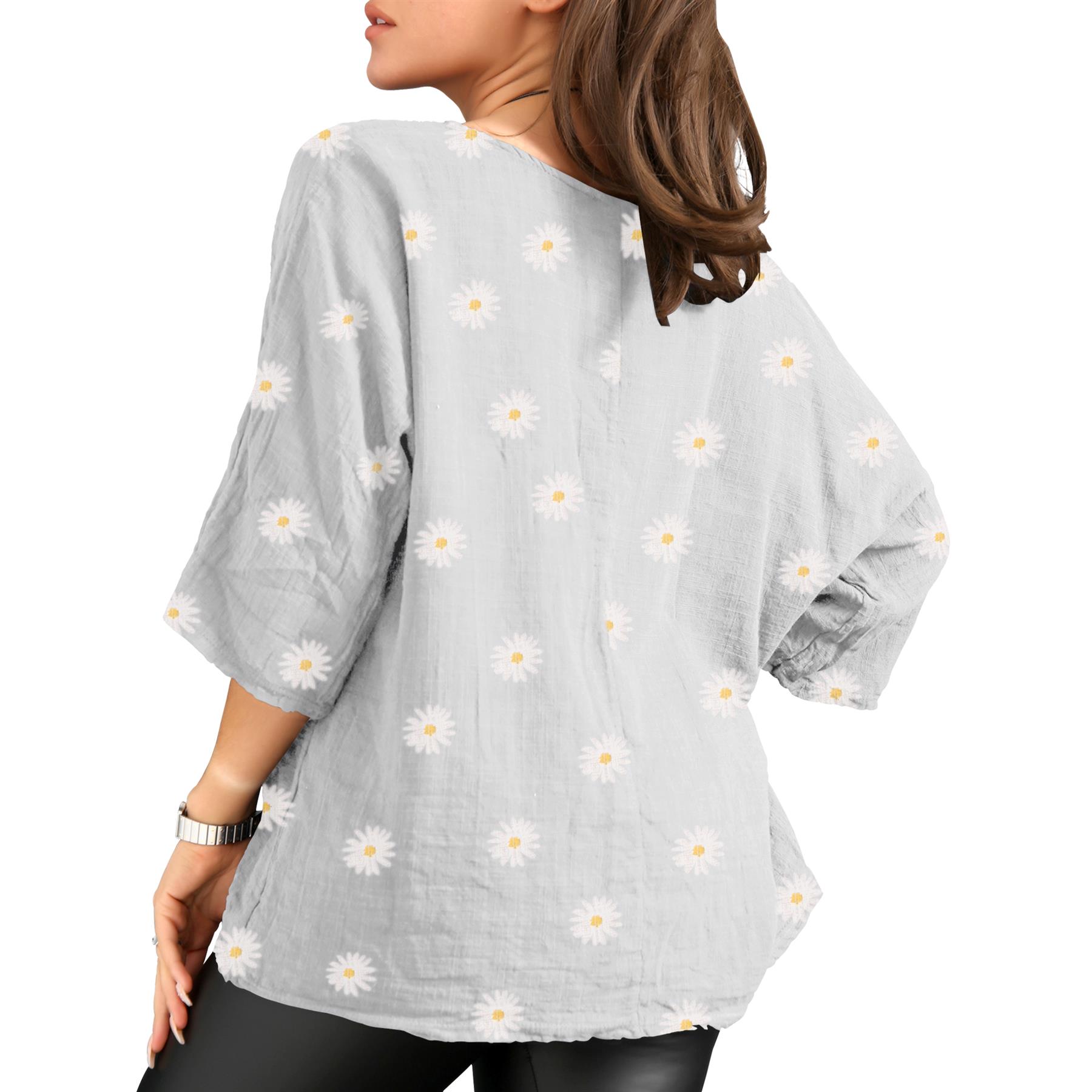 Women's Italian Lagenlook Cotton Top Daisy Floral Print 3/4 Sleeves Tunic Shirt - Picture 25 of 63
