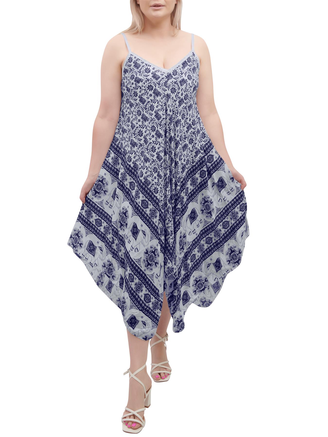 Womens Sleeveless Italian V Neck Hanky Dress Elephant Print Strappy Summer Maxi - Picture 34 of 72