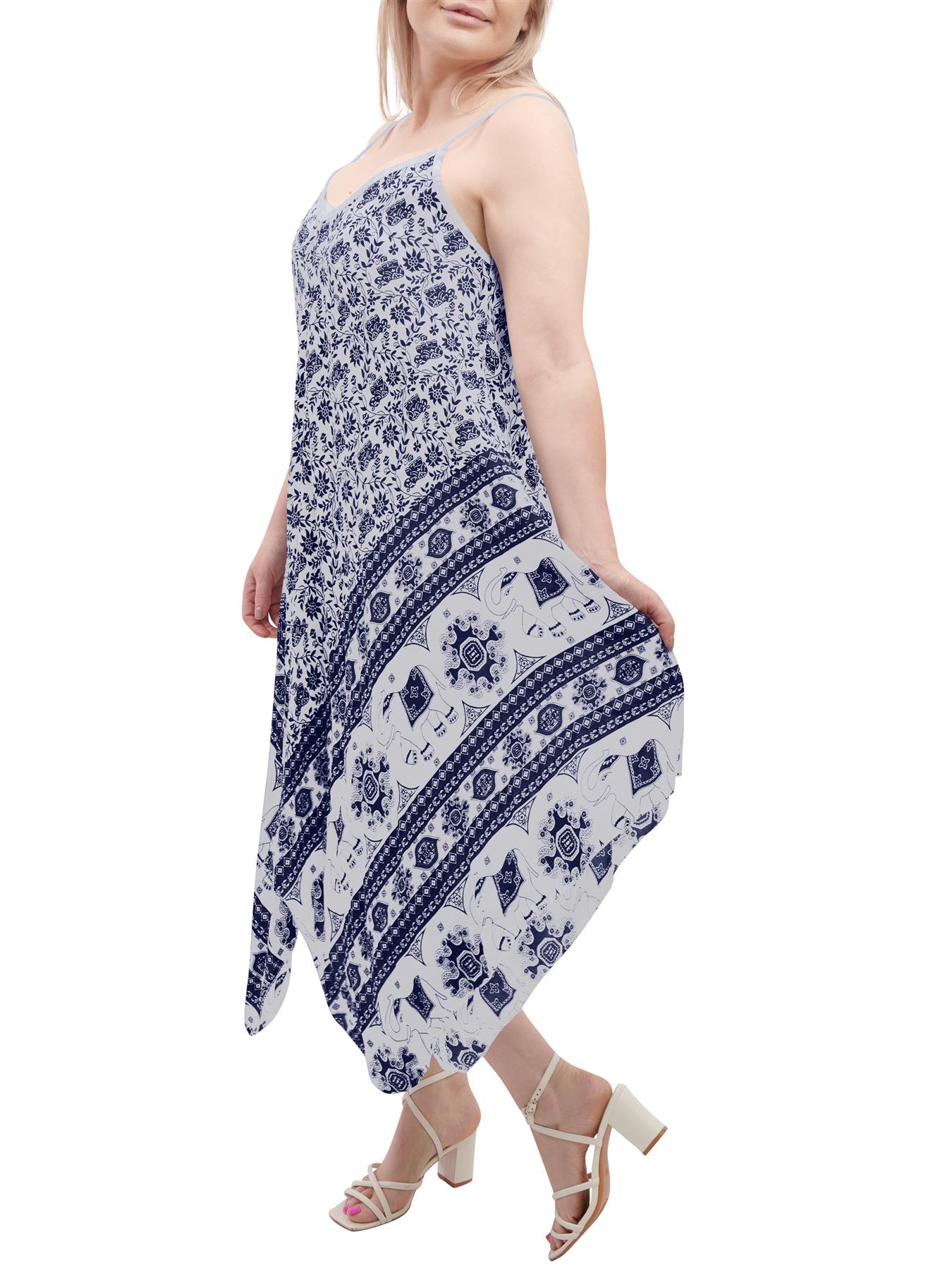 Womens Sleeveless Italian V Neck Hanky Dress Elephant Print Strappy Summer Maxi - Picture 10 of 72
