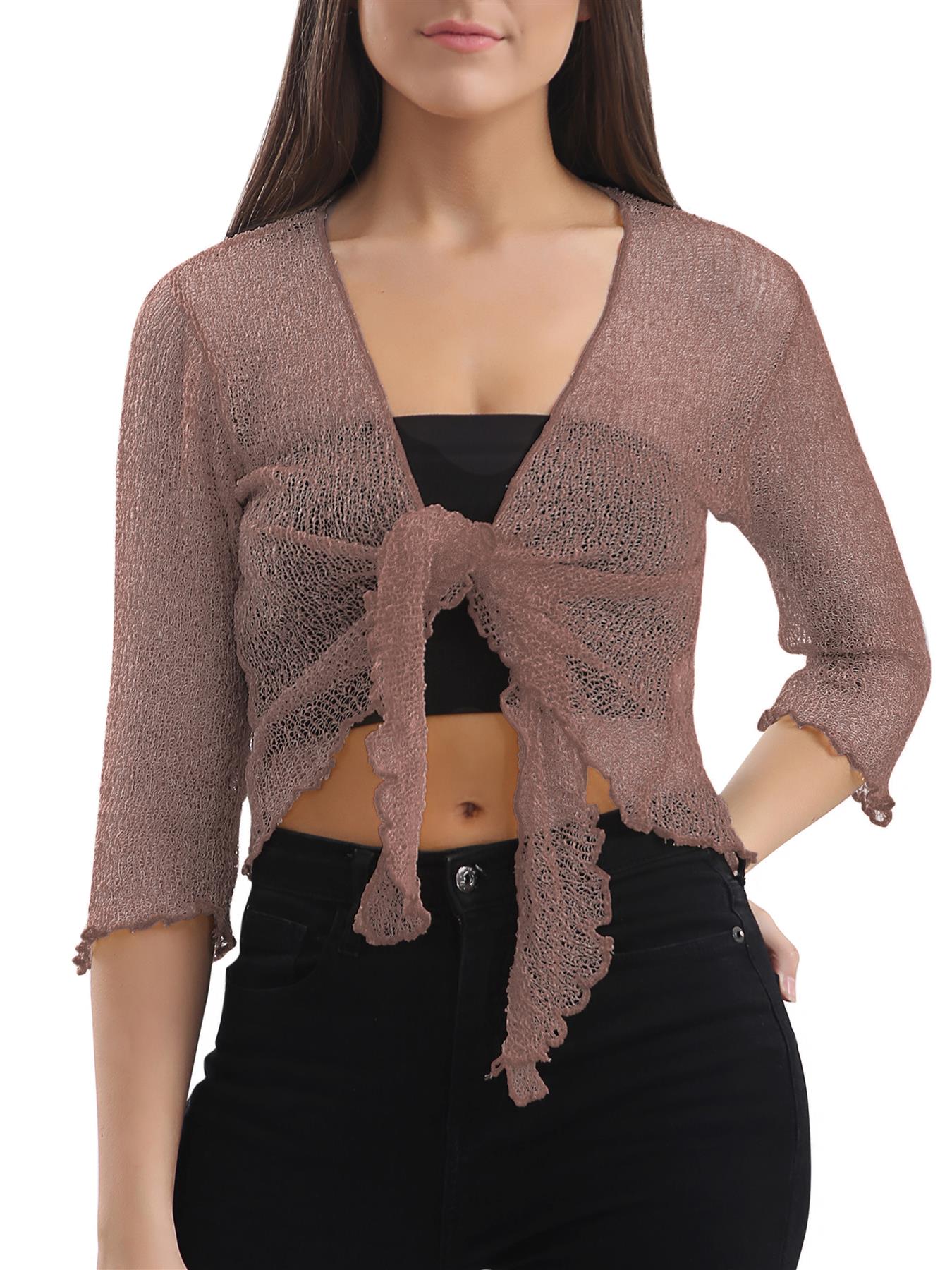 Womens Tie Up Open Front Shrug Ladies Knitted Cropped Bolero beach summer Top - Picture 152 of 169