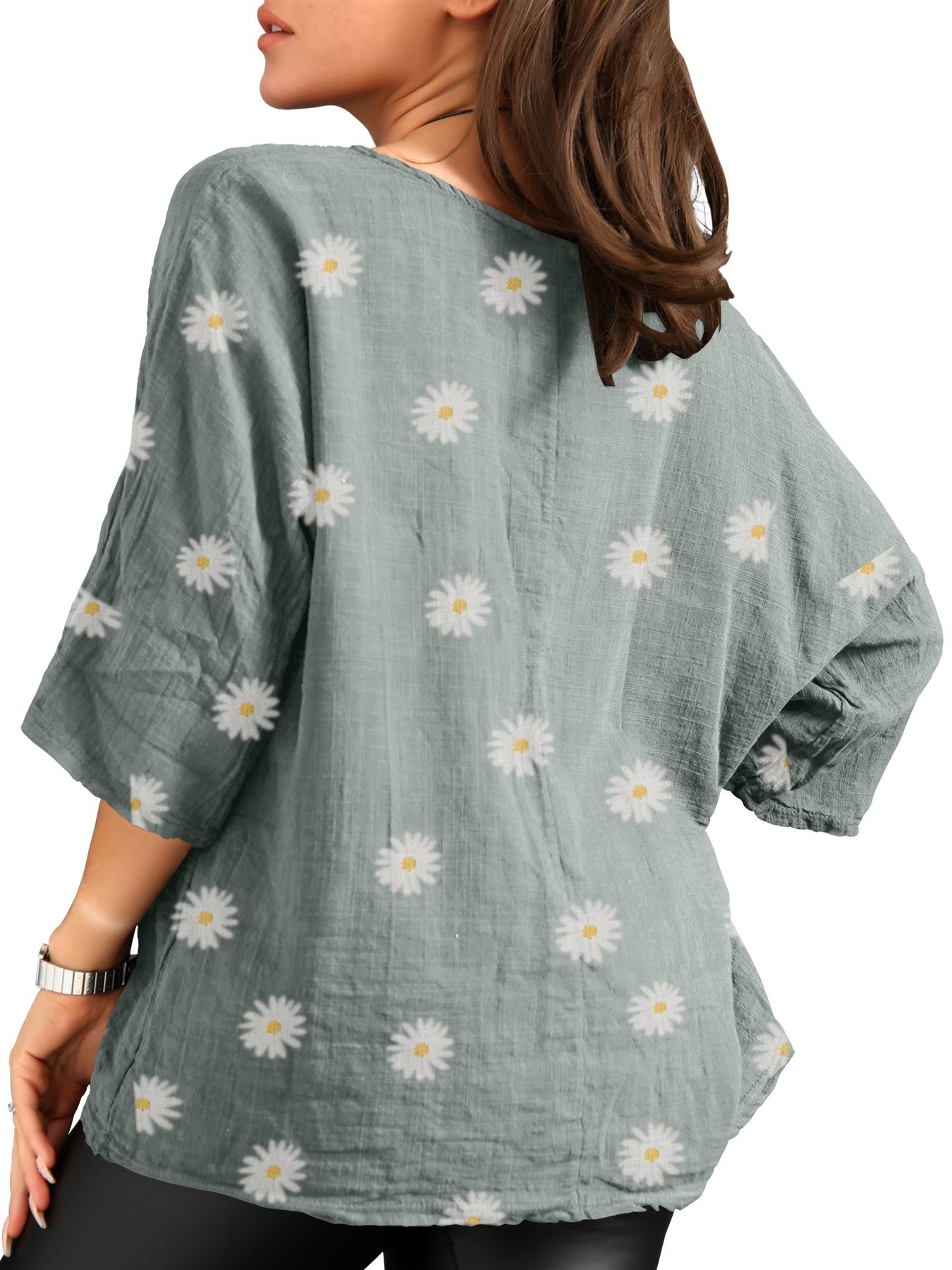 Ladies Italian Daisy Print Lagenlook Plain Lightweight Casual Short Top - Picture 91 of 101