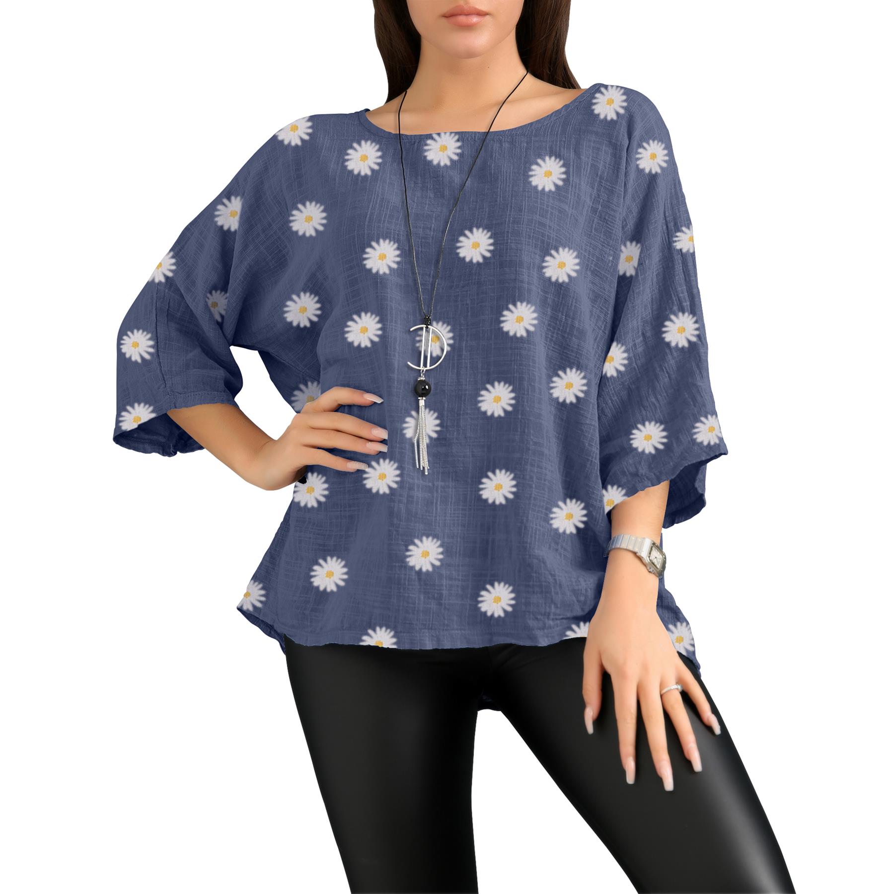 Women's Italian Lagenlook Cotton Top Daisy Floral Print 3/4 Sleeves Tunic Shirt - Picture 42 of 63