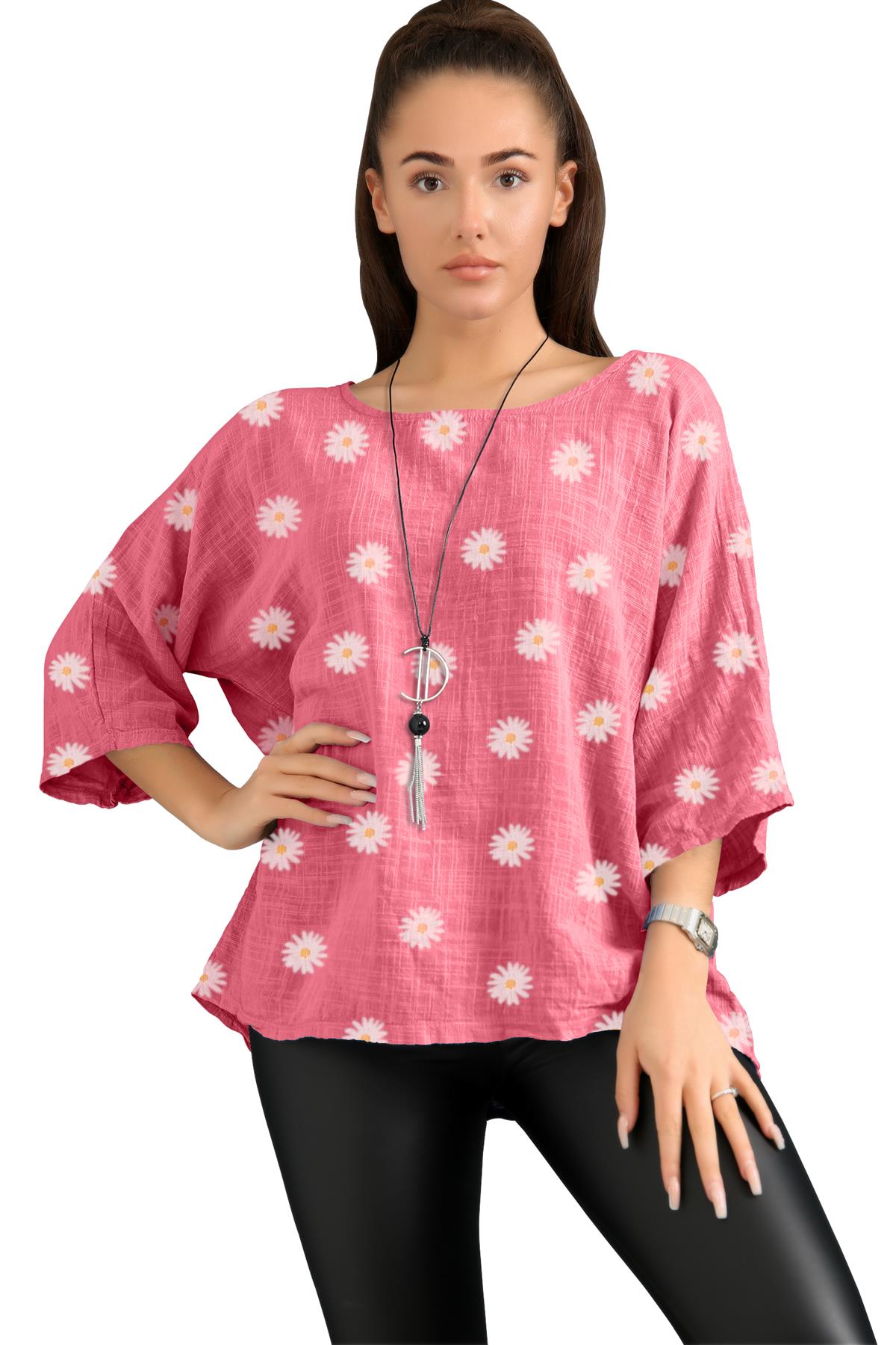 Women's Italian Lagenlook Cotton Top Daisy Floral Print 3/4 Sleeves Tunic Shirt - Picture 14 of 63