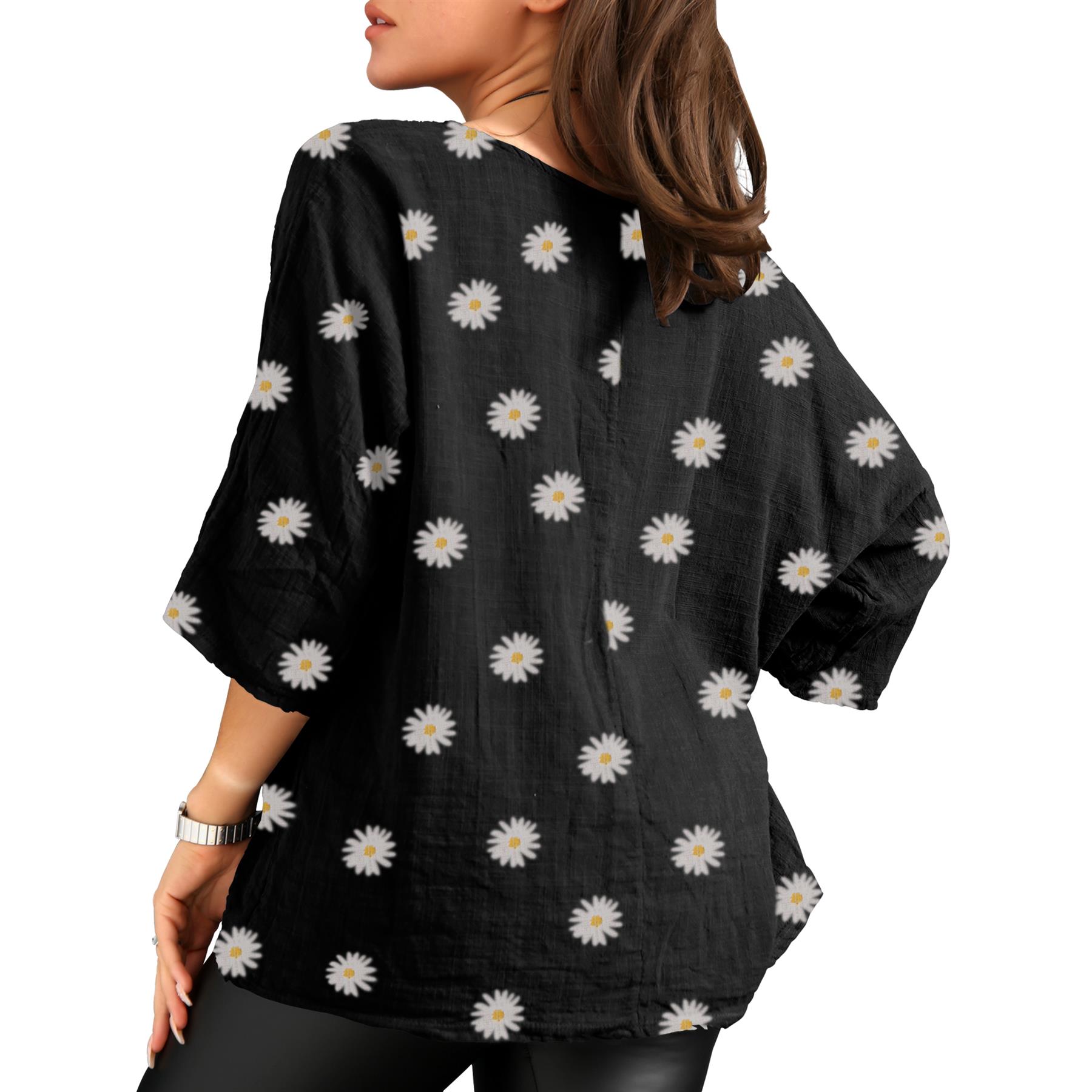 Ladies Italian Daisy Print Lagenlook Plain Lightweight Casual Short Top - Picture 20 of 101