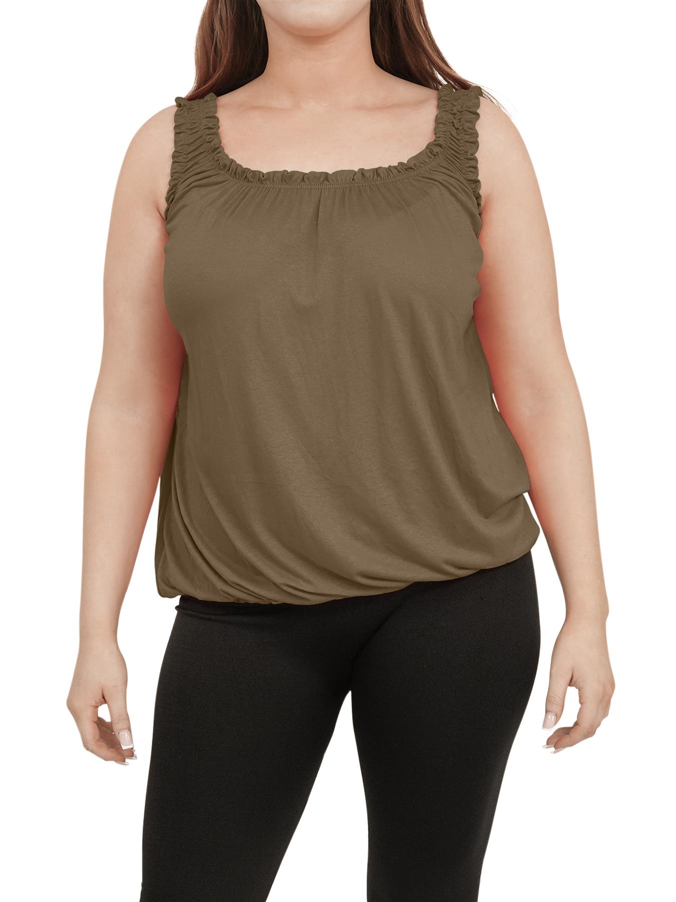 Women Round Scoop Neckline Gathered Vest Top Ladies Elastic Bubble Hem Summer - Picture 87 of 138